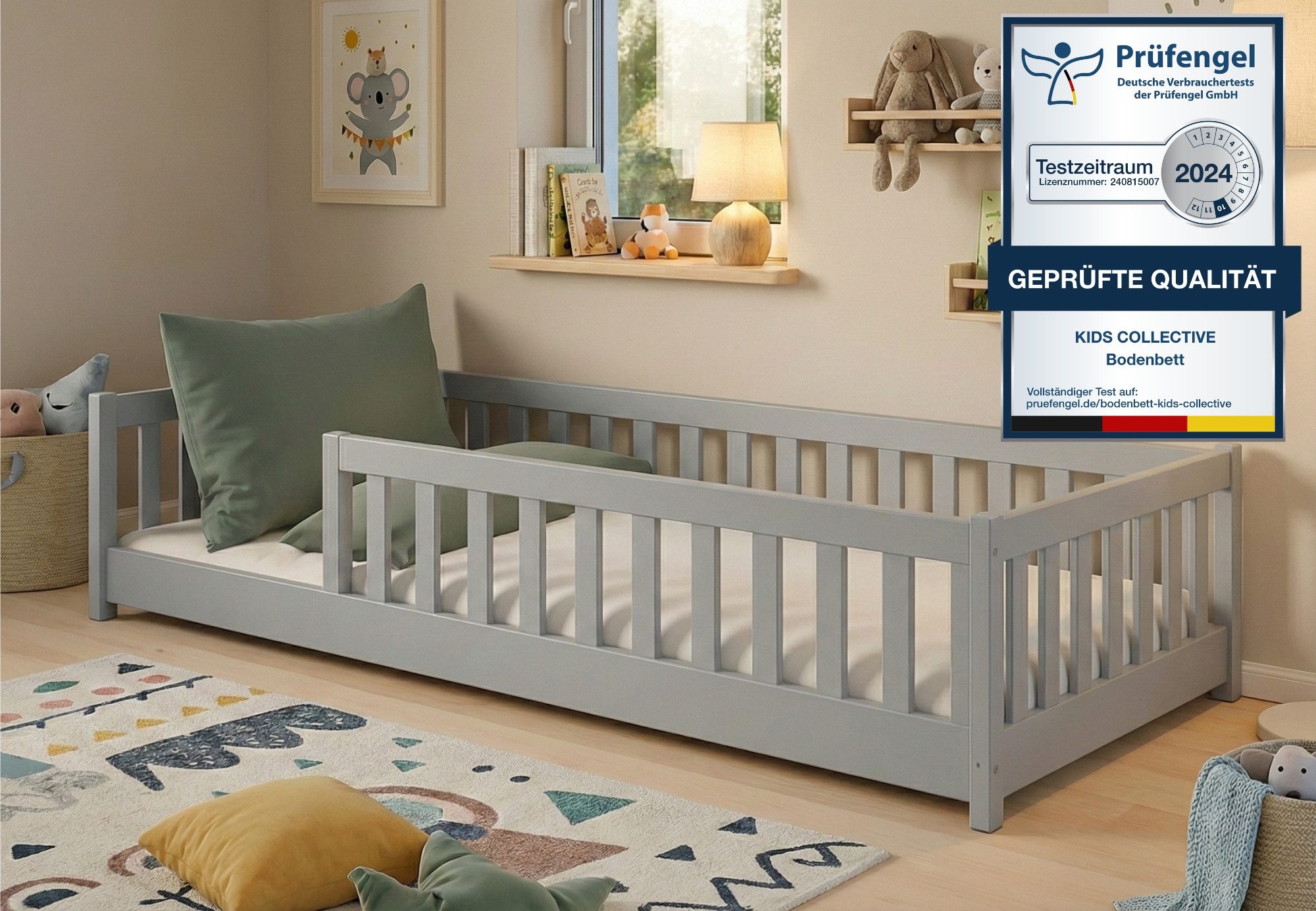 Kids Collective Kinderbett Bodenbett Bett mit Rausfallschutz & Lattenrost Montessori Bett Kinder (Jungen, Mädchen, Kinder, weitere Größen 80x160, 80x180, 90x190, 120x200, 140x200 cm), Jugendbett Gitterbett Einzelbett, Aschgrau Kiefer 90x200 cm