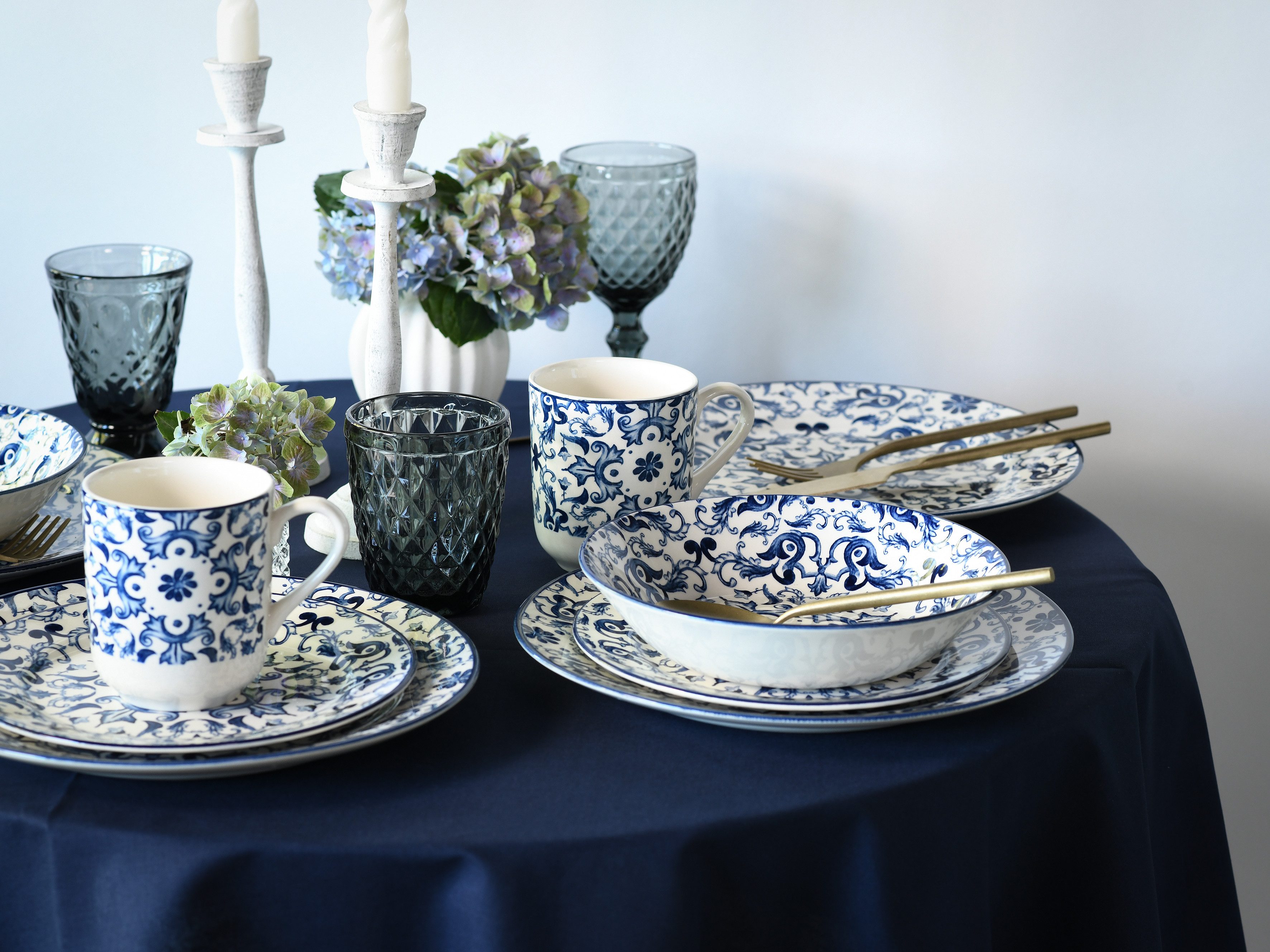 CreaTable Kombiservice Fresco Blau, Kombi-Service 16-tlg (16-tlg), 4 Personen, Steingut, Ornamentmotiv, Mediterran