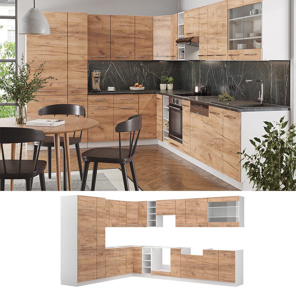 Vicco Winkelküche Fame-Line, Goldkraft Eiche/Weiß, 257 x 347 cm ohne Arbeitsplatte