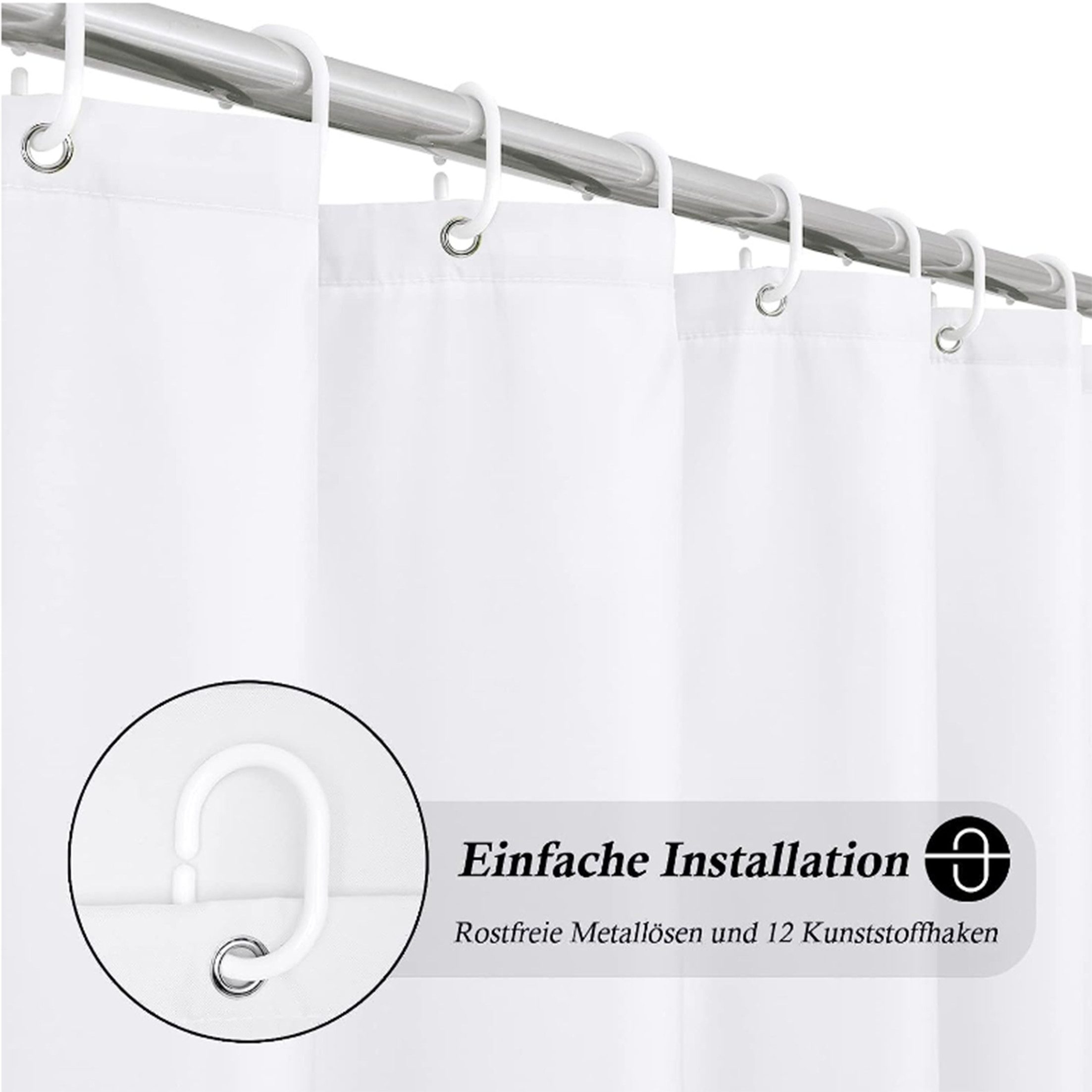 KINSI Duschschirm Wasserdichter Duschvorhang mit Anti-Schimmel-Funktion & Ösen Breite 180 cm, Badezimmer Vorhang für Bad