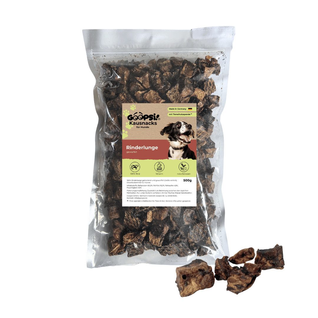 GOOPSI Rinderlungenwürfel 500g - Hundesnack aus 100 % Rind, getrocknet, 500g, Fettarmer Kauartikel, Leckerli naturbelassen, Hundesnack zuckerfrei