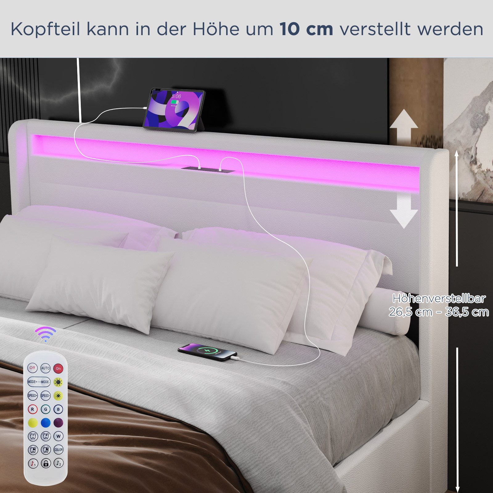 oyajia Polsterbett LED-Beleuchtung Doppelbett mit Ladefunktion und 4 Schubladen (Jugendbett Bettgestll), mit Type-C + USB, Ohne Matratze