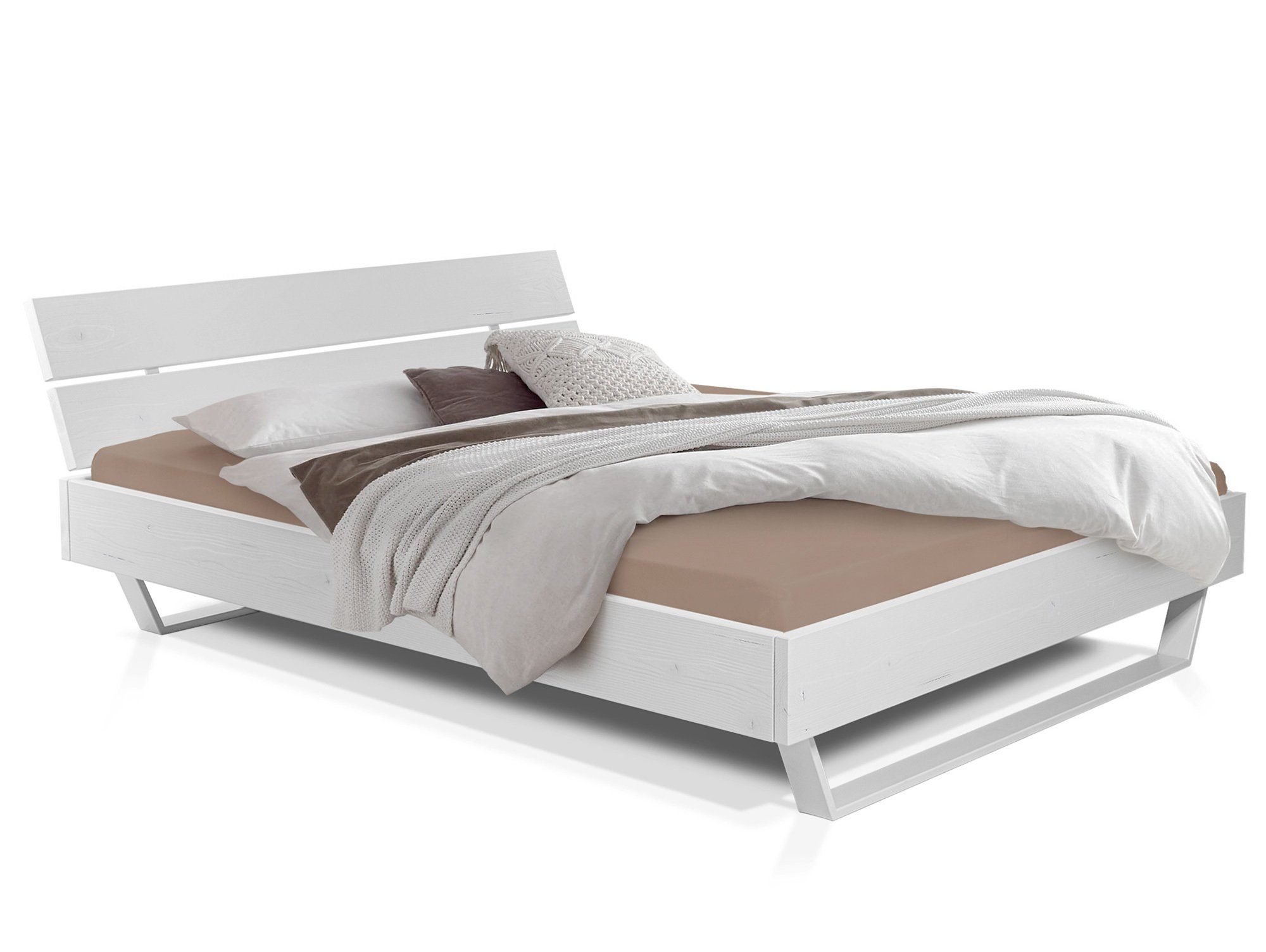 Moebel-Eins Massivholzbett, LUKY Kufenbett mit Kopfteil, Material Massivholz, Fichte/Kufen weiss