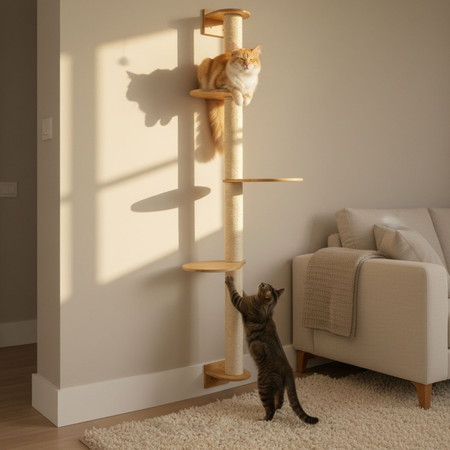 eyepower Kratzbaum zur Wandmontage-175 cm Wandkratzbaum für Katzen mit 3 Bambus Plateaus, Sistammstamm Wand - Katzenkratzbaum platzsparend - Kletterwand Katze