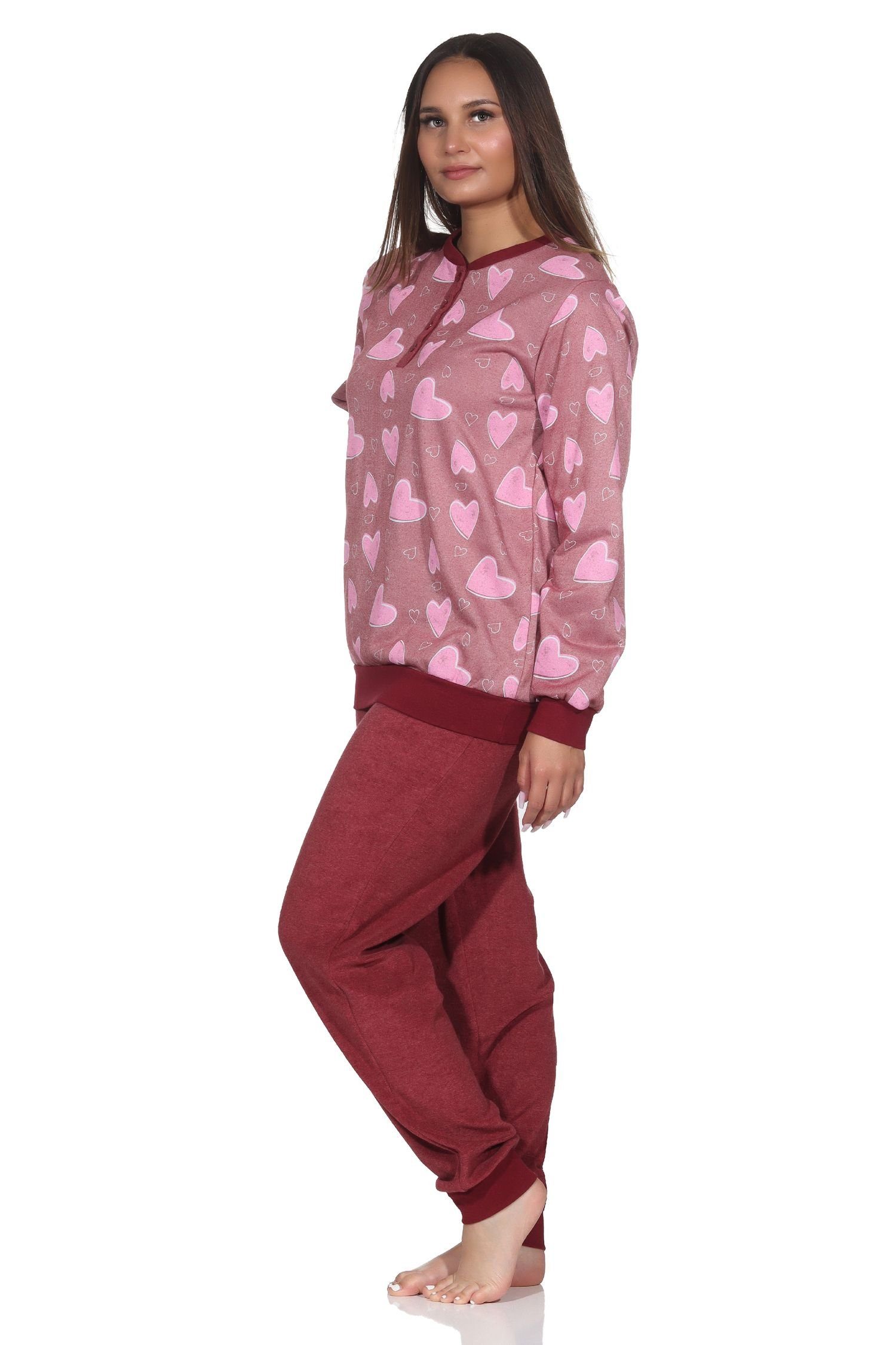 Herz Bündchen mit Schlafanzug Normann beere langarm Damen Normann Optik in Frottee Pyjama
