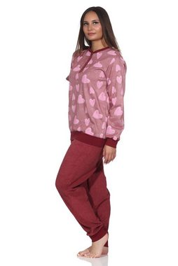 Normann Pyjama Normann Damen langarm Frottee Schlafanzug mit Bündchen in Herz Optik