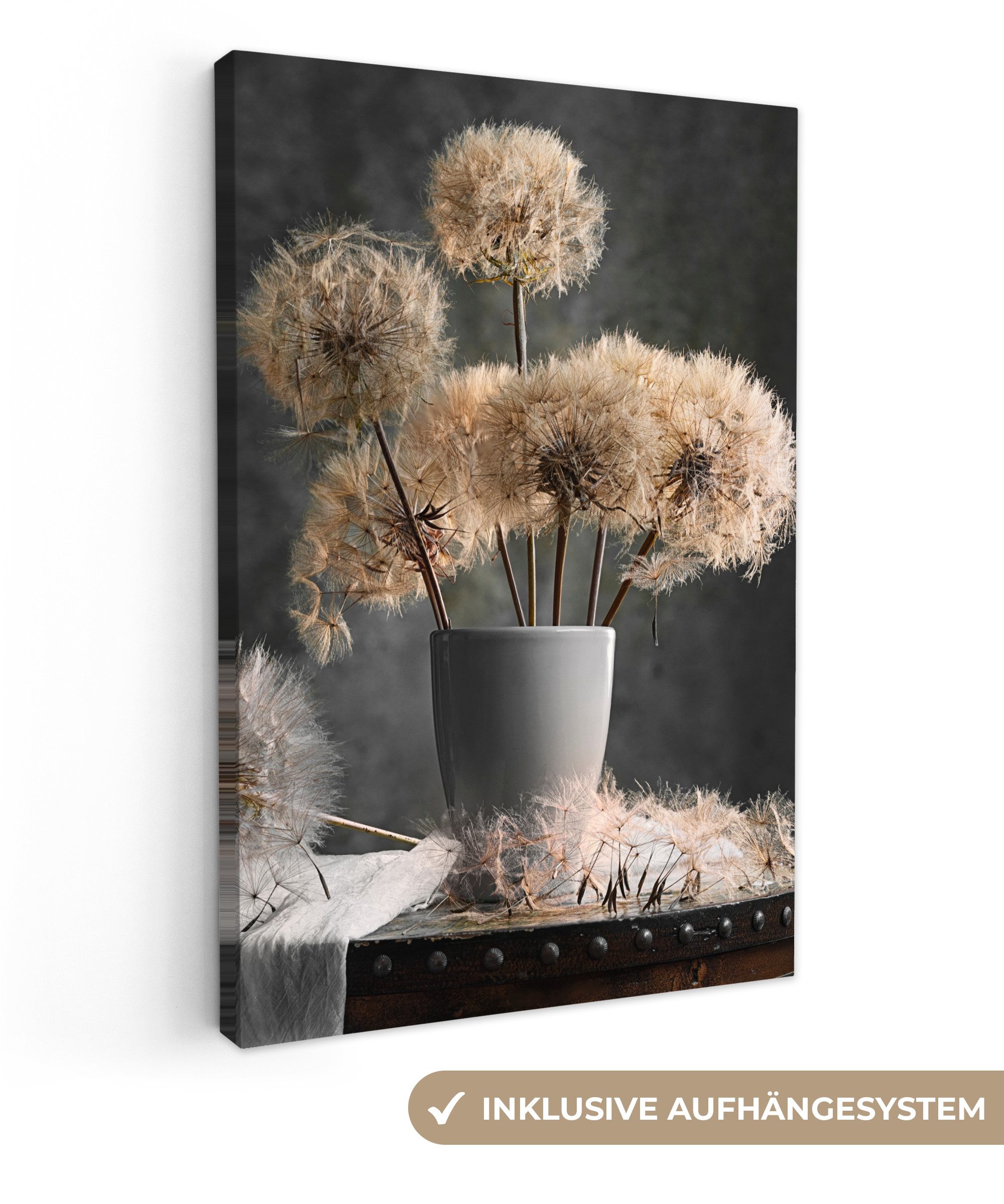 OneMillionCanvasses® Leinwandbild Blumensamen - Löwenzahn - Vase - Stilleben - Blumenstrauß, Fotodruck (1 St), Leinwand Canvas Wandbild, Wanddekoration 20x30 cm