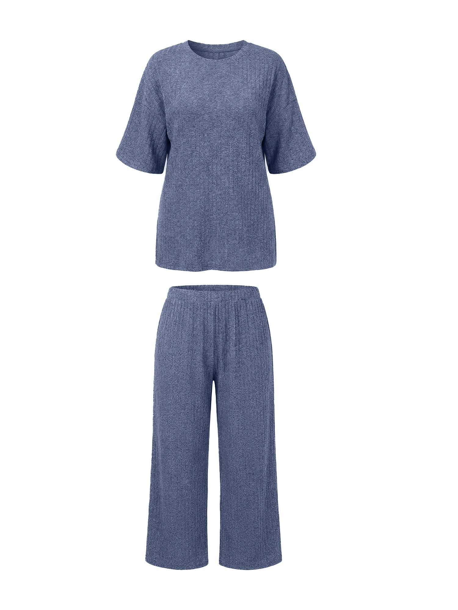 Imily Bela Hausanzug Damen Freizeitanzug 2-teilig in Übergröße (Set, 2 tlg., Rippstrick-Oberteil + Palazzo-Hose) in Unifarbe – Bild 5 von 5