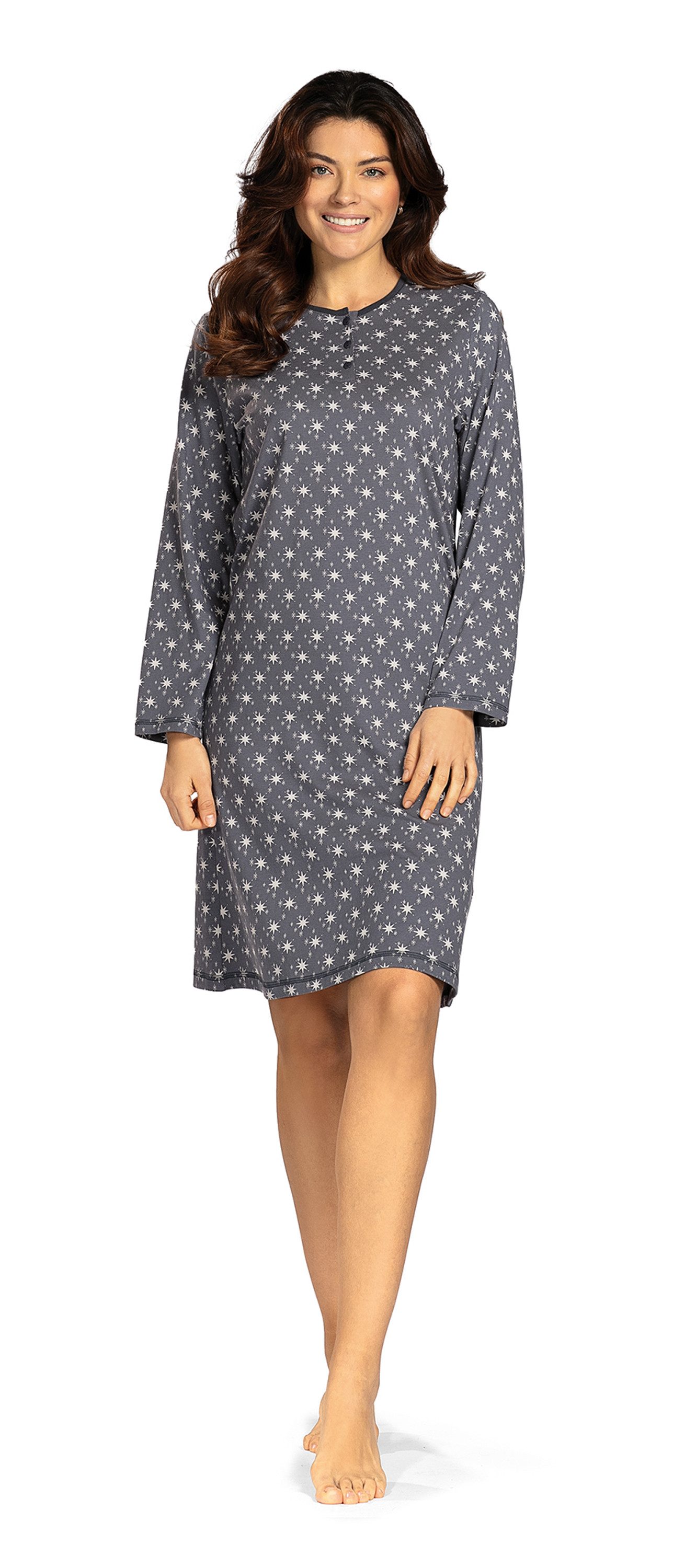 comtessa Nachthemd Comtessa Damen Nachthemd Langarm Knopfleiste Sternchen Grau mit Ziernähten und Knopfleiste