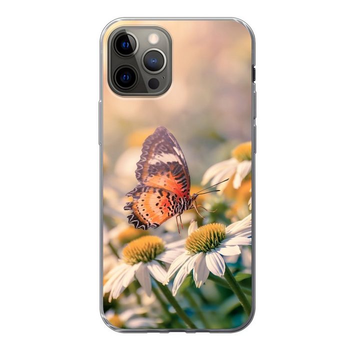 MuchoWow Handyhülle Schmetterling auf Kamillenblüte Handyhülle Apple iPhone 12 Pro Smartphone-Bumper Print Handy