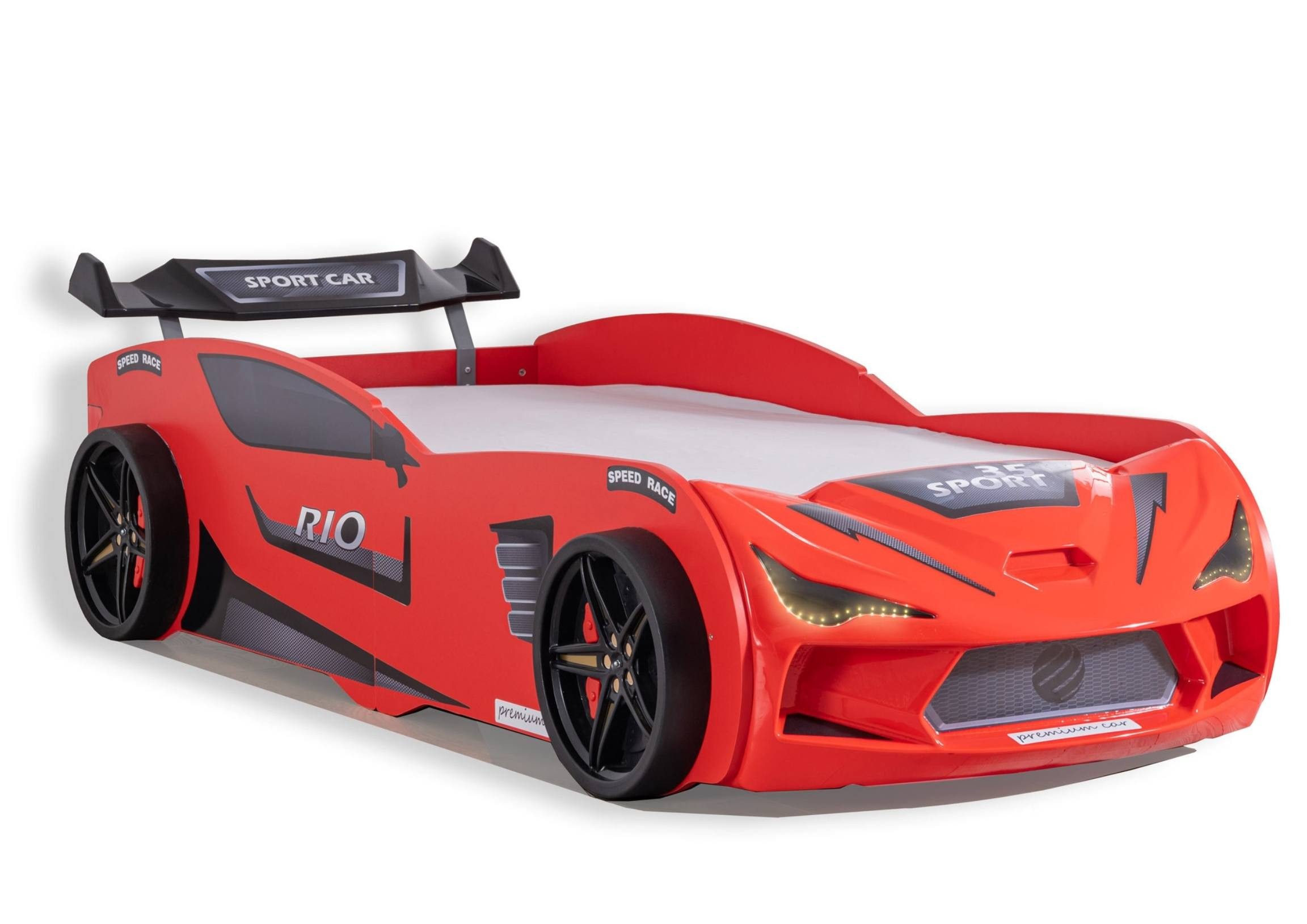 Aileenstore Autobett Rio II, Kinderbett 90 x 200 cm, inkl. Lattenrost, Heckspoiler LED-Beleuchtung