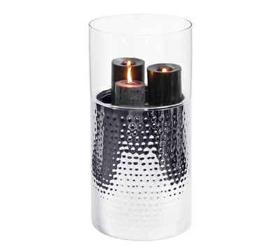 EDZARD Windlicht Arnold, Kerzenhalter aus Glas mit gehämmerter Silber-Optik, Laterne für Stumpenkerzen, Höhe 62 cm, Ø 24 cm
