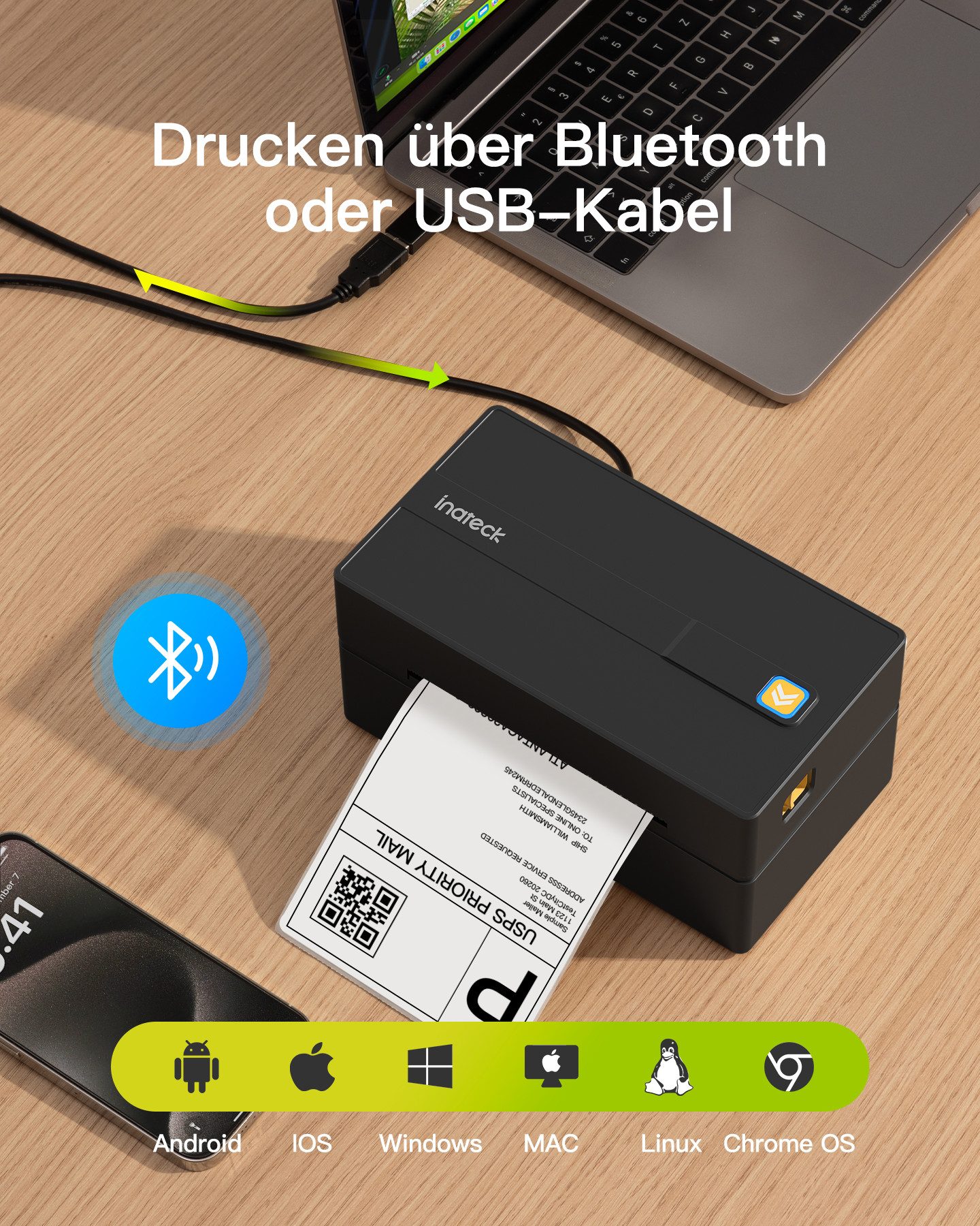 Inateck Bluetooth Thermo-Etikettendrucker, 4x6 Versandetikettendrucker Etikettendrucker, (Kompatibel mit iPhone, Android, iPad, Windows, MacOS, Chrome, USPS)