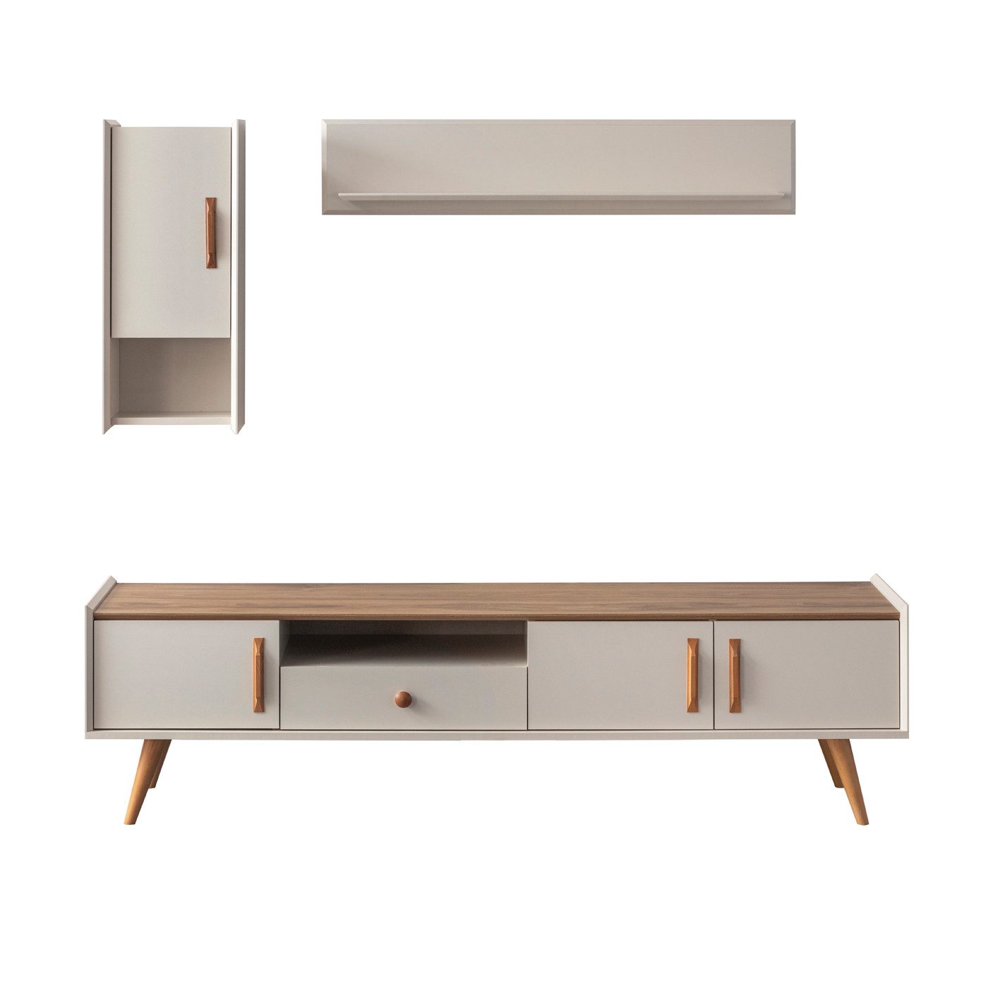 Villa Möbel TV-Wand Giza, (TV Möbel, 1-St., Lowboard, Hängeschrank und Wandregal), Klares TV Board mit Schublade und offenen Fächern