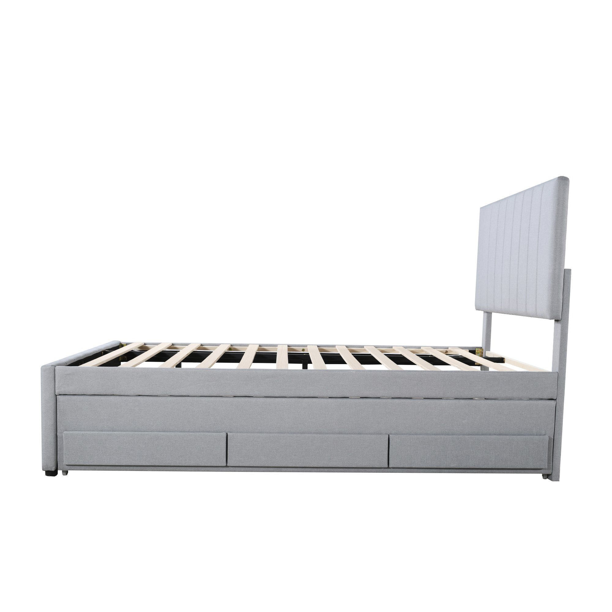 Polsterbett (Einzelbett 90x200cm), mit 3 Schubladen und Ausziehbett 90x190cm, Bezug aus Baumwolle-Leinen
