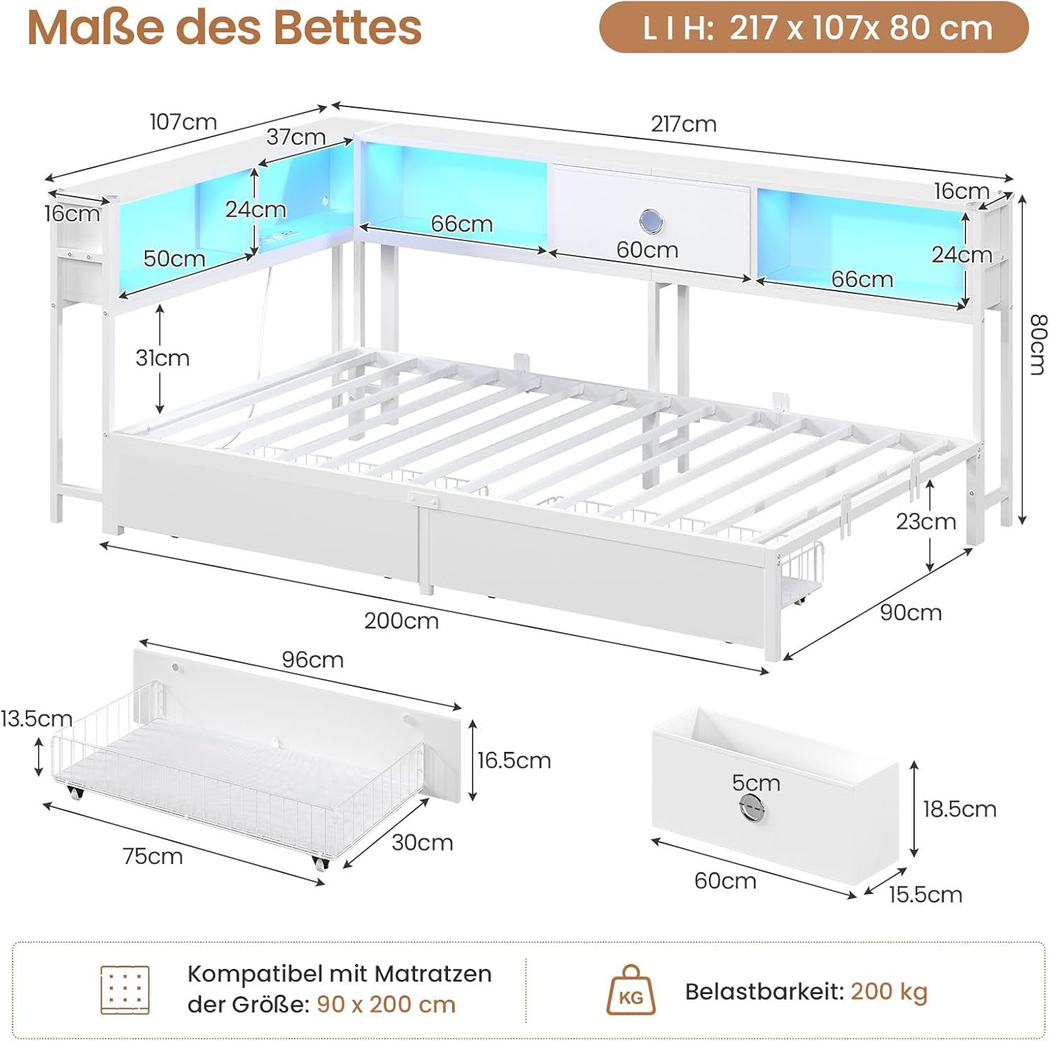 MSMASK Daybett L-Form Schlafsofa mit LED-Beleuchtung und Steckdose, Kinderbett (1 tlg), Jugendbett mit Metallrost, 90x200cm, Weiß – Bild 2 von 5