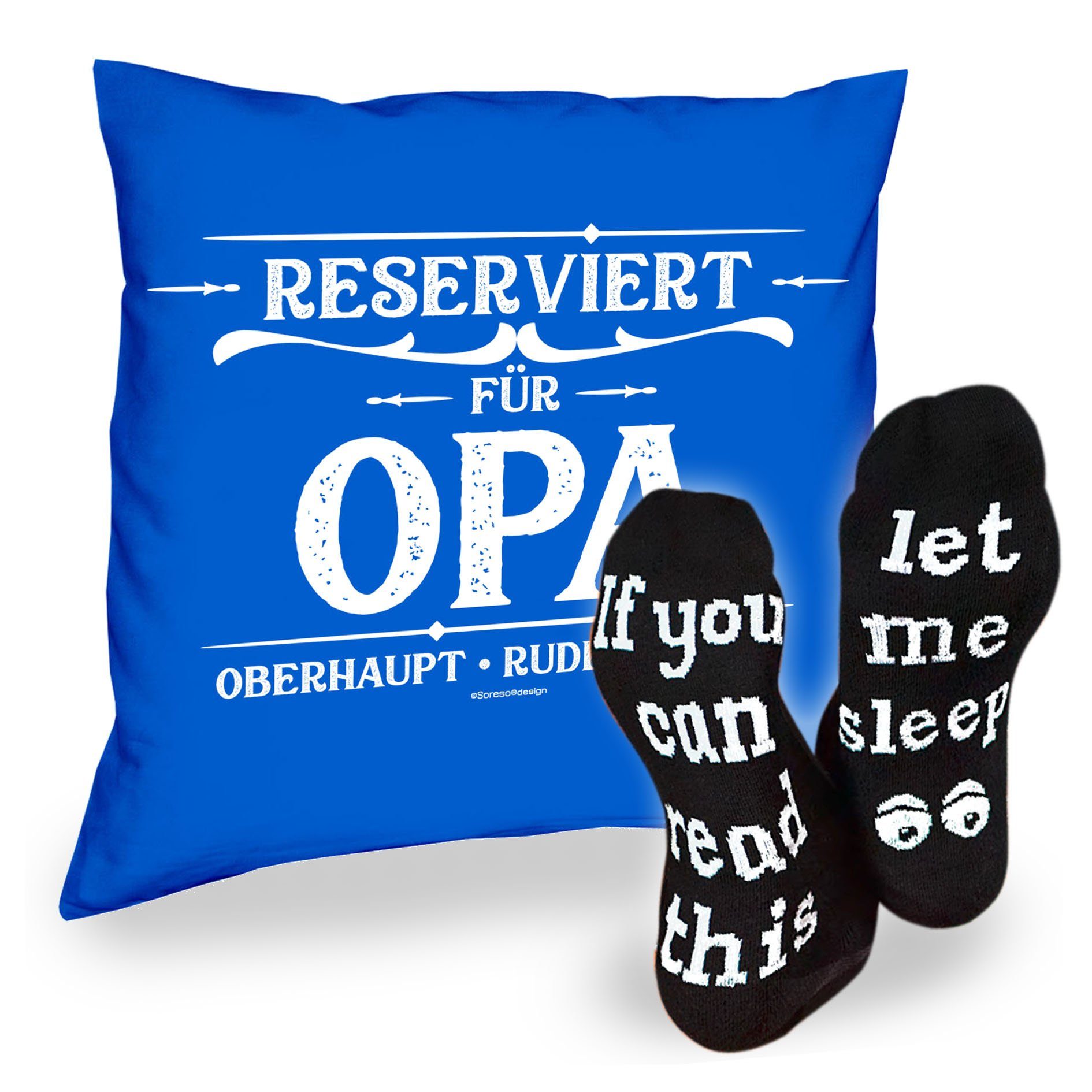 Soreso® Dekokissen Kissen Reserviert für Opa & Sprüche Socken Sleep, Geschenke Weihnachten Geburtstag Vatertag royal-blau