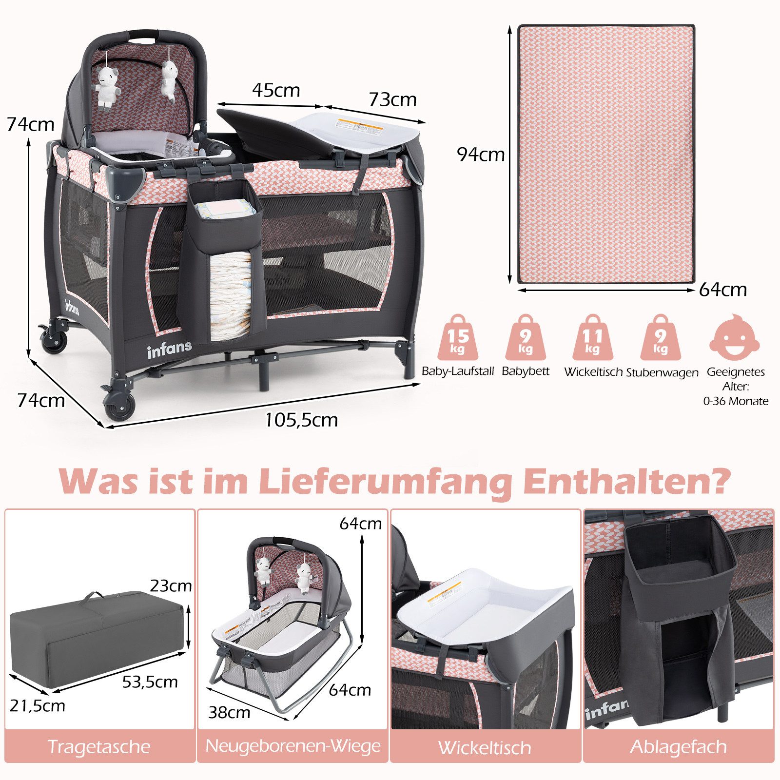 COSTWAY Baby-Reisebett, 1-tlg., faltbares Babybett mit Wickeltisch, Babywiege & Matratze