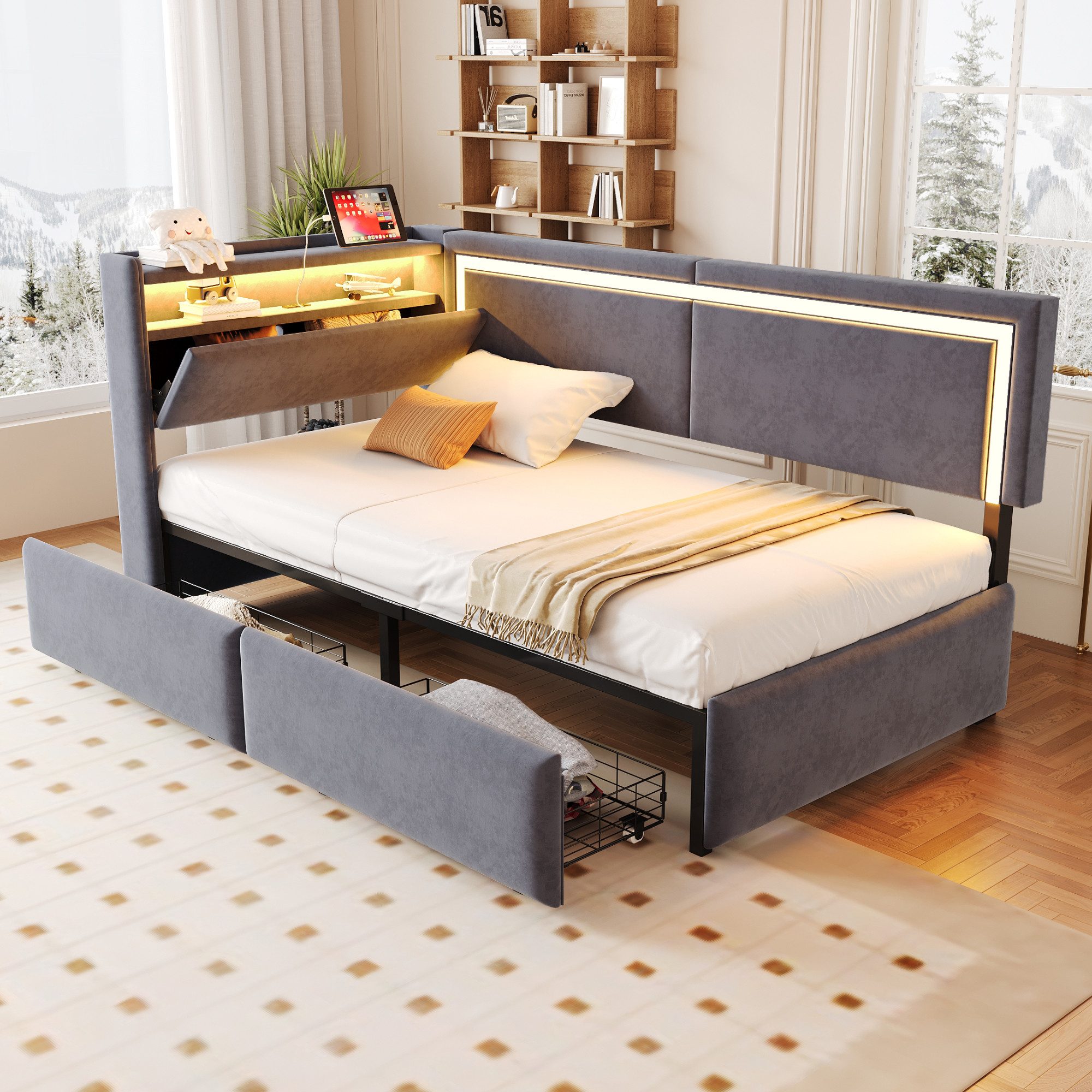 Flieks Daybett, Polsterbett Tagesbett 90x200cm mit 2 Schubladen LED-Leiste USB/TYP-C