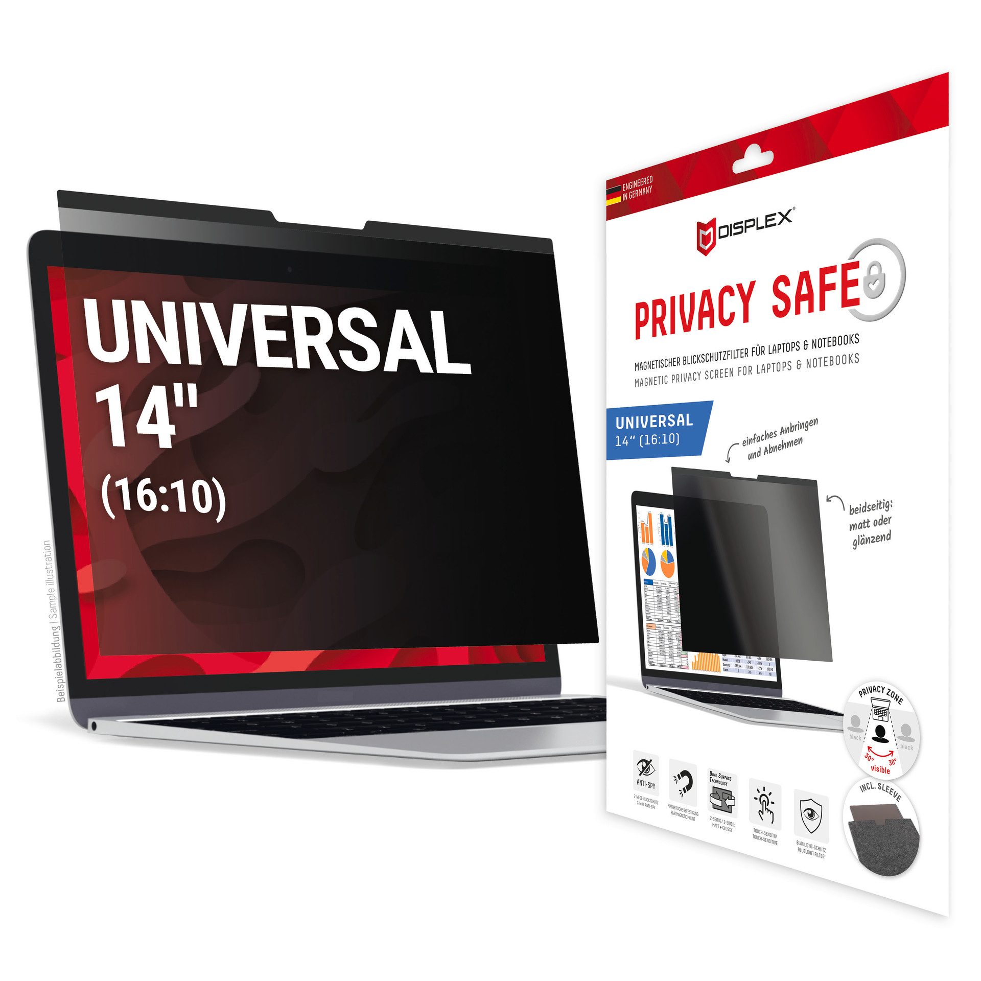 Displex Displayschutzfolie Privacy Safe Universal (magnetisch) 14 Zoll 16:10, Displayschutz, Schutzfolie, Bildschirmschutz, kratz- & stoßfest