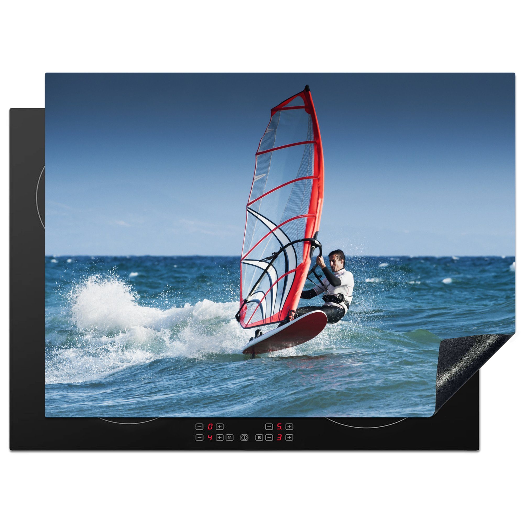 MuchoWow Herdblende-/Abdeckplatte Ein Windsurfer fährt in Spanien Windsurfen, Vinyl, (1 tlg), 70x52 cm, Mobile Arbeitsfläche nutzbar, Ceranfeldabdeckung