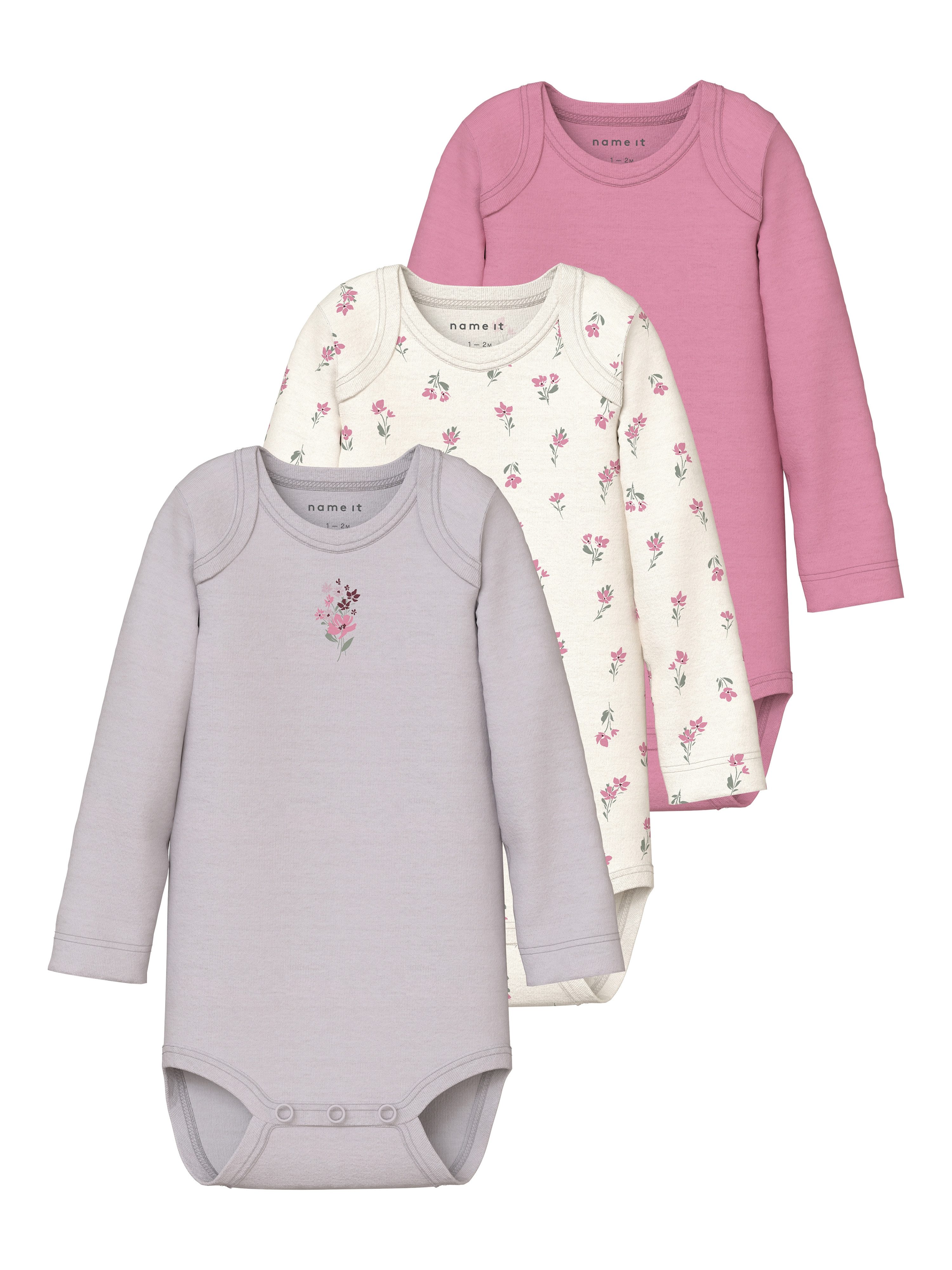 Name It Langarmbody NBFBODY 3P LS FLOWER NOOS (Packung, 3-tlg)