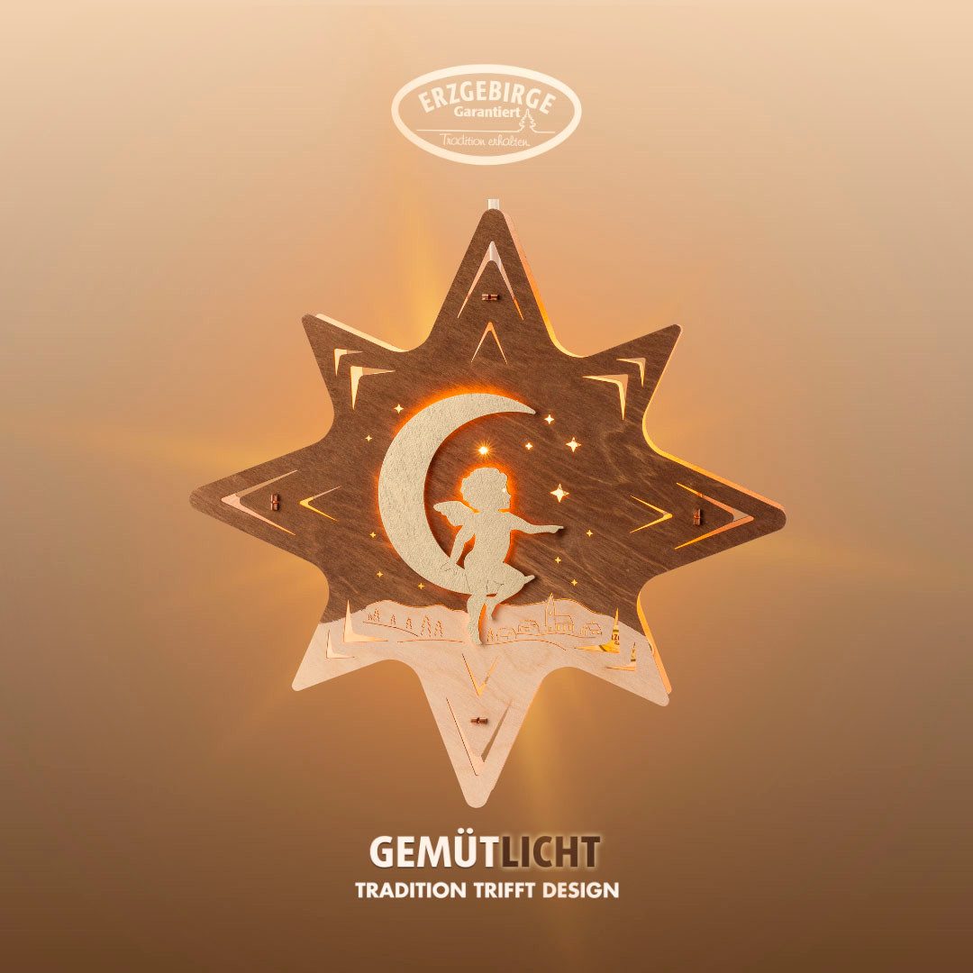 Weigla Dekostern Engel auf Mond, beleuchtetes Fensterbild, BRAUN-GOLD, Made in Germany, 1 St., Erzgebirge garantiert, Weihnachtsdeko Weihnachtsbeleuchtung, Natur