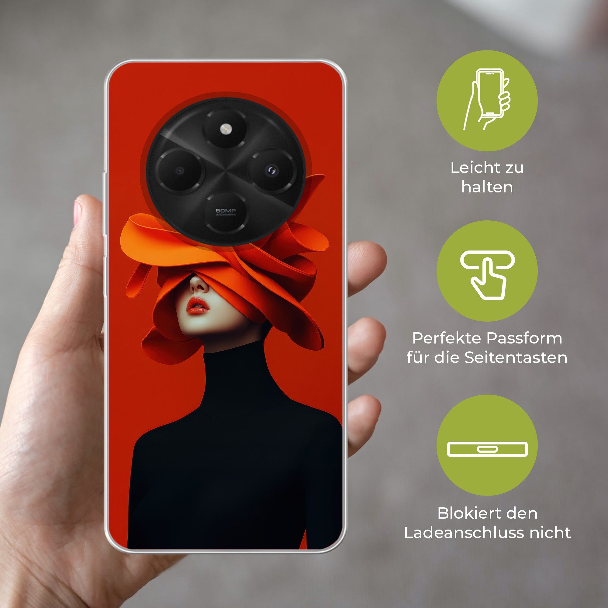 MuchoWow Handyhülle für Xiaomi Poco C75 Orange - Hut - Frau, Handy Case, Silikon, Bumper Case Dünn
