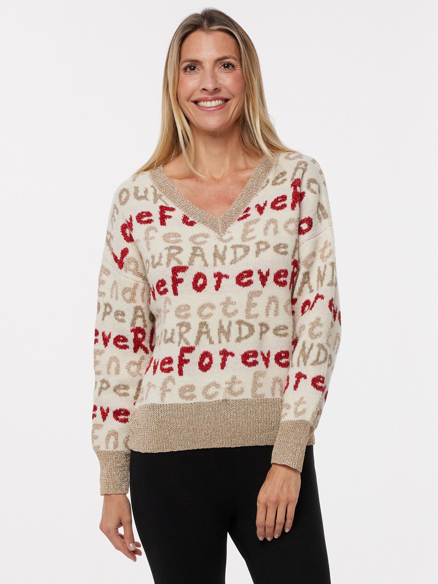 Edwina Eidtmann Strickpullover V-Shirt mit Buchstaben-Print