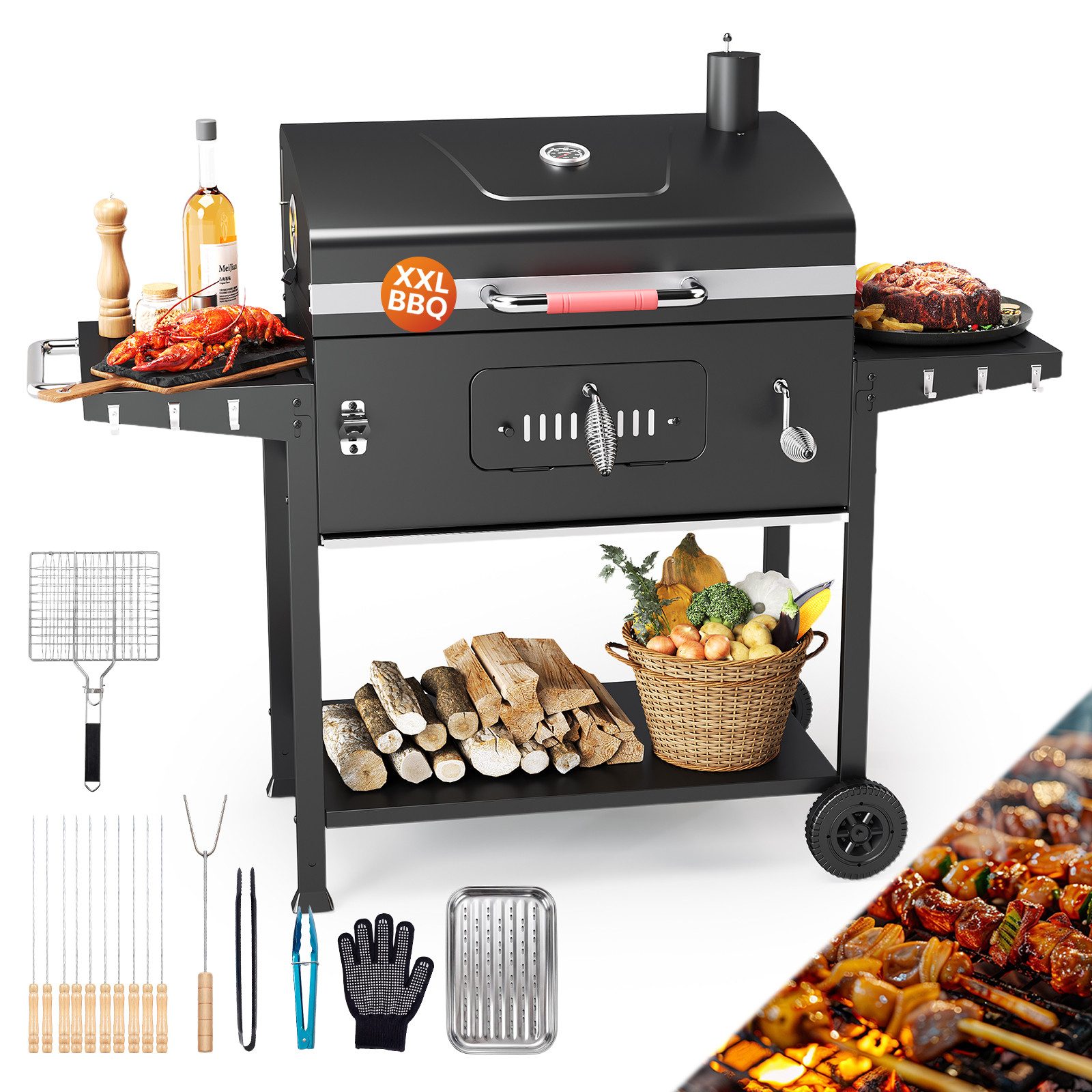 HOMALL Holzkohlegrill XXL Grill Holzkohle, mit Grillzubehör Set, Grillfläche: 71×43cm, Großer Holzkohlegrill mit Rädern, Grillstation mit Warmhaltezone & Belüftung, Klappbarem Lagerregal und Flaschenöffner, Rostbeständig BBQ Grill