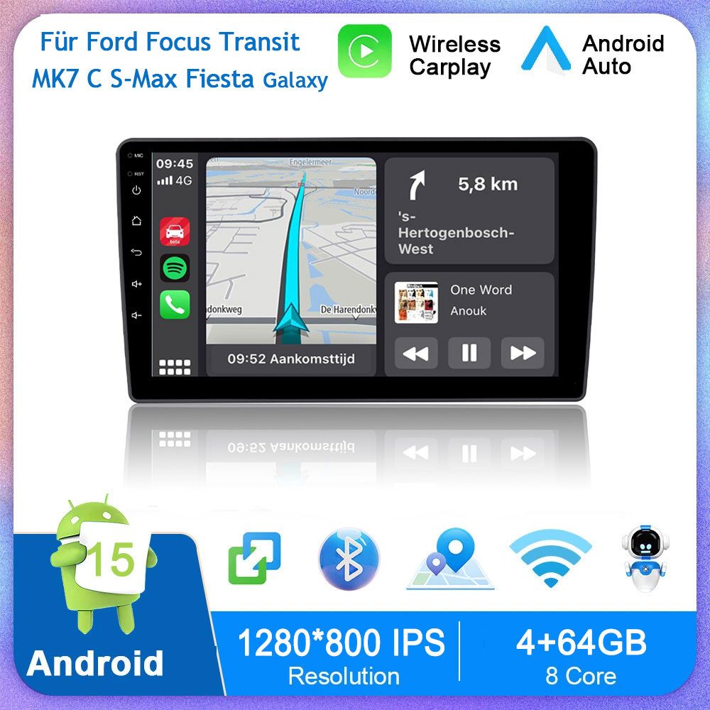 A-Sure 9''Android 15 Carplay Für Ford Focus Mk2 Transit C/S-MAX Galaxy Kuga Autoradio (Digitalradio (DAB), Rückfahrkamera, DSP, RDS, Navi, GPS, SWC, FM, Bluetooth, Siri, Mirrorlink, Google play, Netflix, Youtube, Calendar, TikTok)