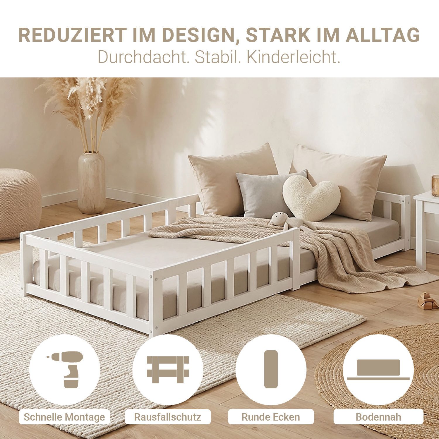 Homestyle4u Kinderbett 90x200 / 120x200 Weiß Natur Holzbett Bodenbett Montessori Kleinkind (Set, mit Lattenrost), mit Rausfallschutz