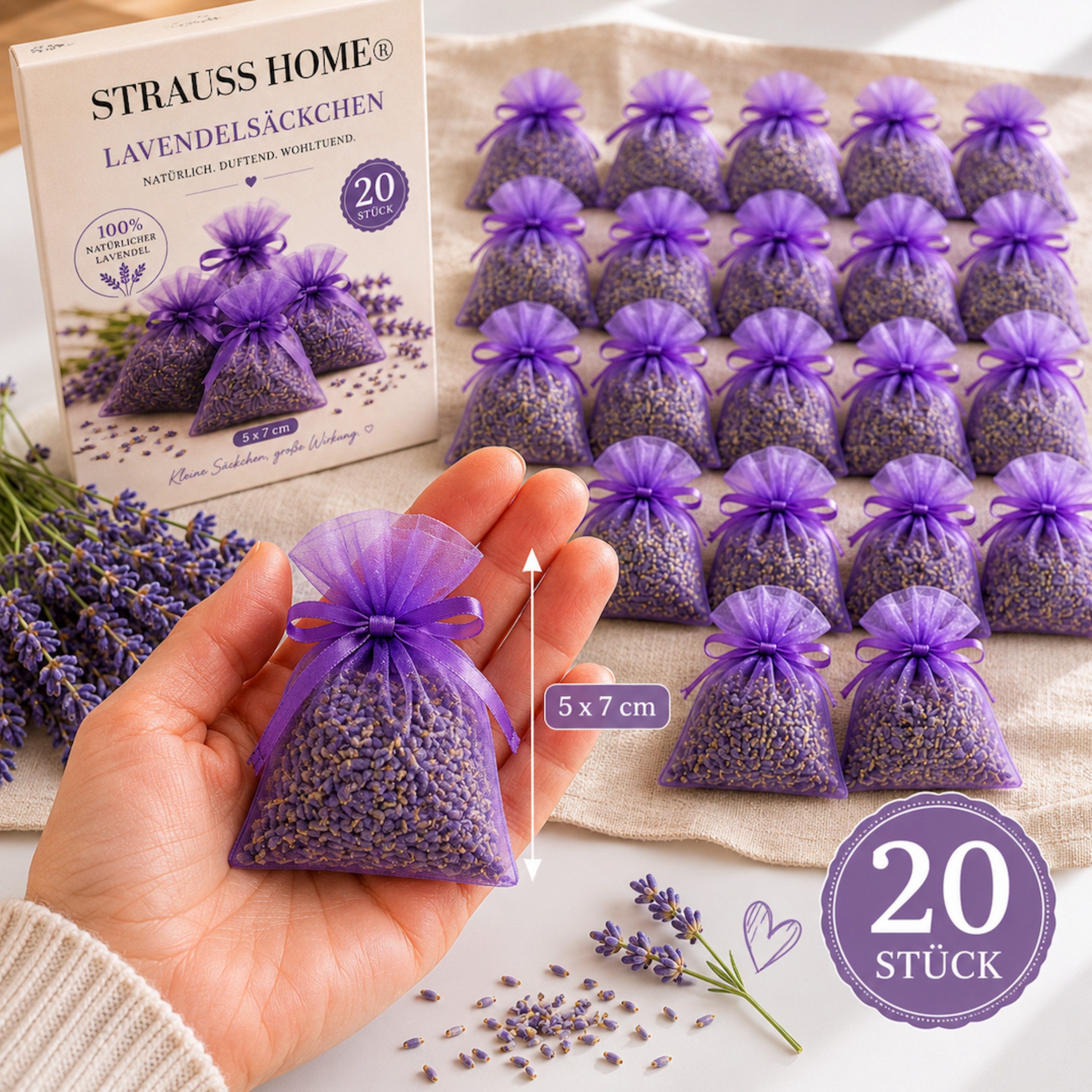 Strauss Home Duftbeutel Lavendel Säckchen 20er Pack – Natürliche Duftbeutel gegen Motten, 20-tlg.