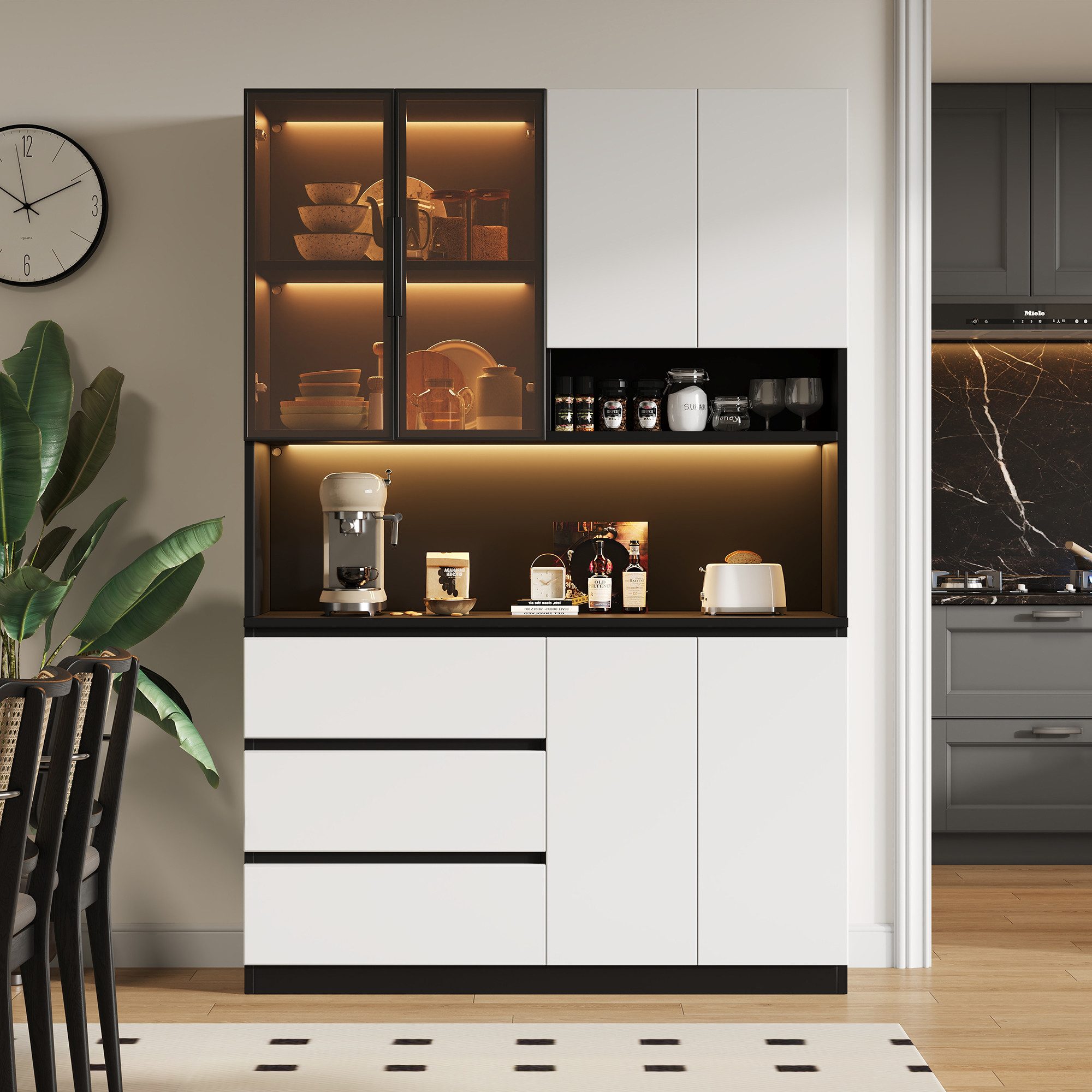 Celya Küchenbuffet Küchenschränke, Küchenvitrinen mit LED-Beleuchtung (mit 3 Schubladen, 6 Türen und Ablagebrettern) ideal für den täglichen Einsatz in Küche, Esszimmer oder Wohnbereich