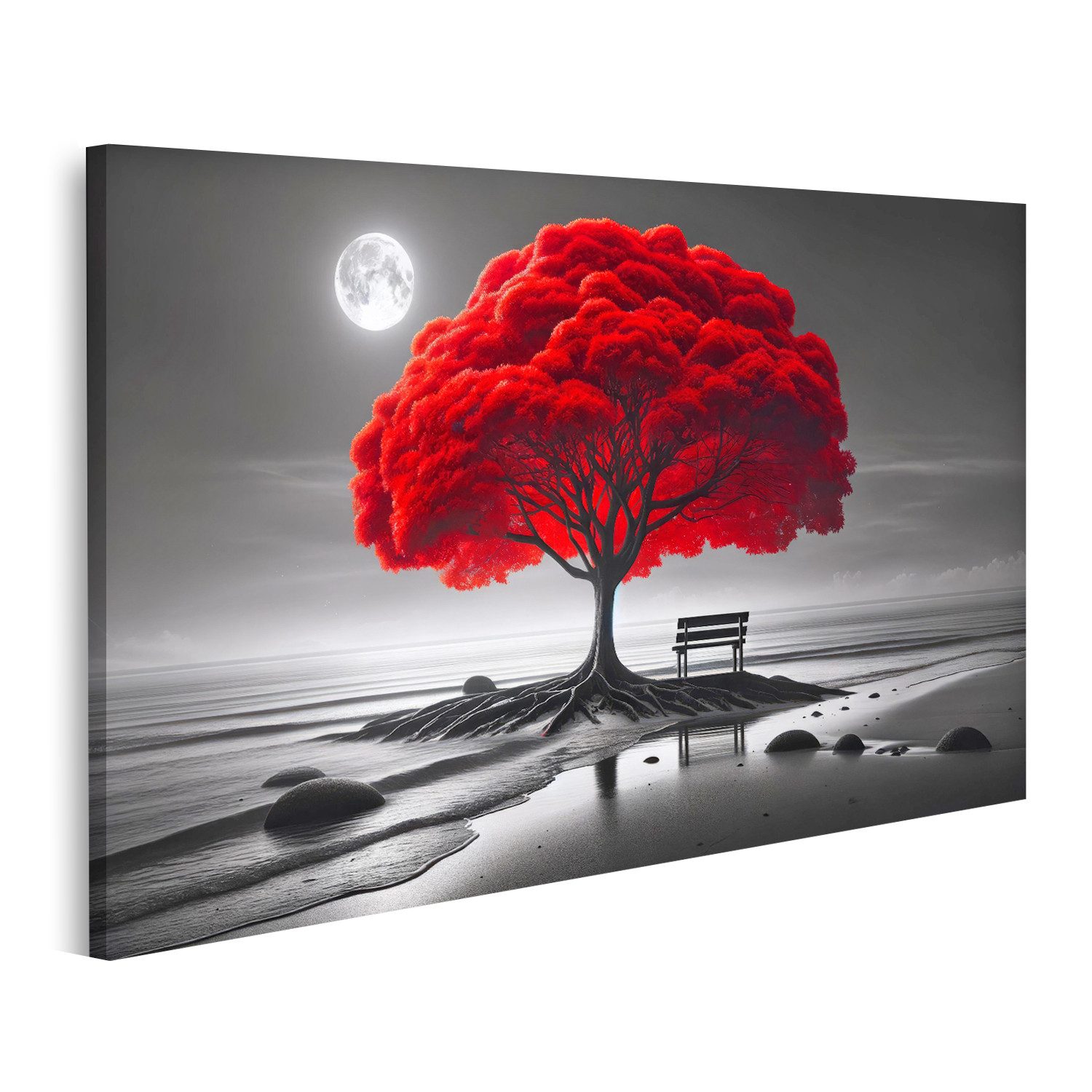 islandburner Leinwandbild Leuchtend Roter Baum an Einem Monochromen Strand Mit Mond