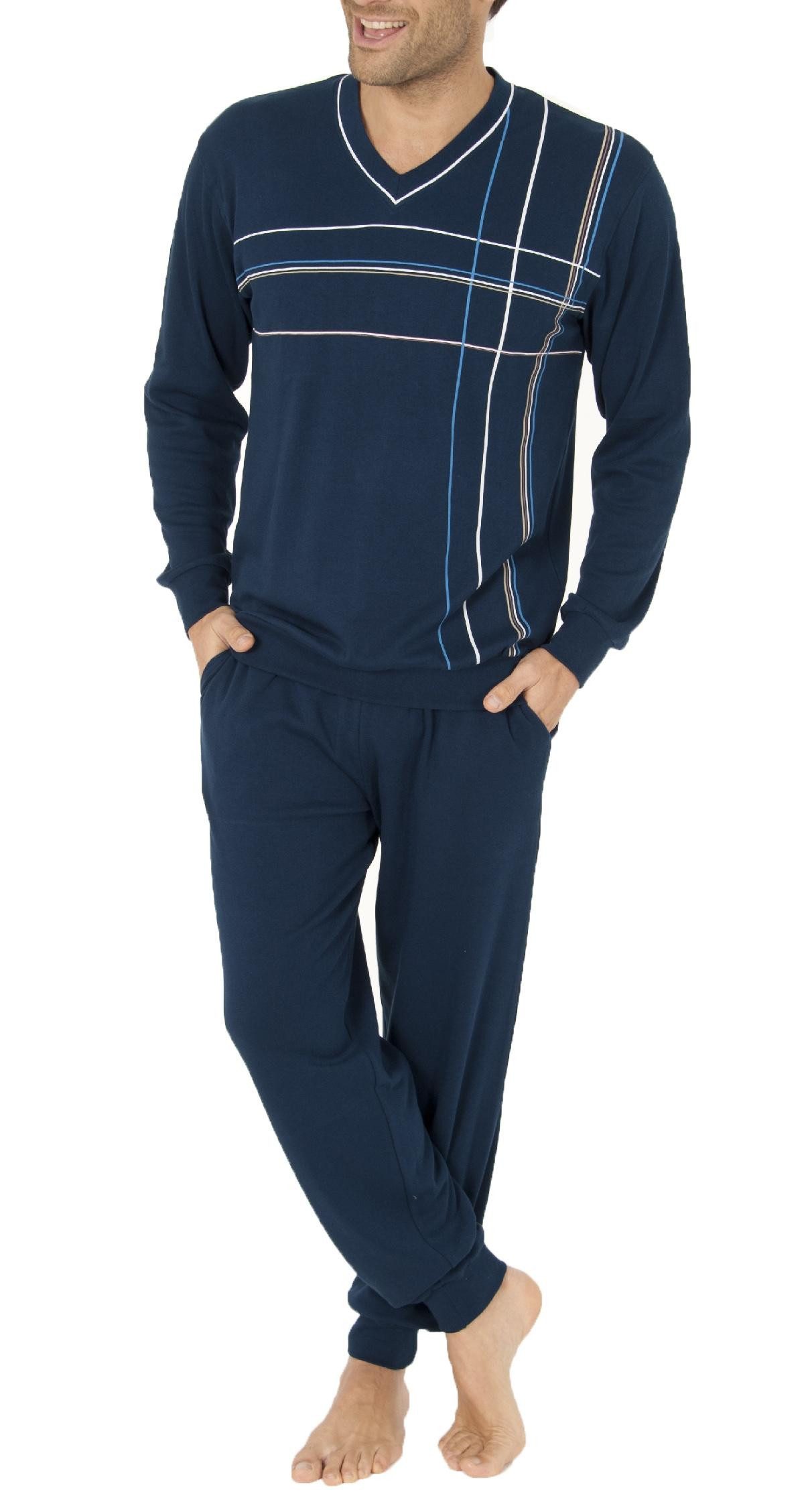 Pyjama Eleganter Herren Pyjama Schlafanzug mit Bündchen und V-Ausschnitt