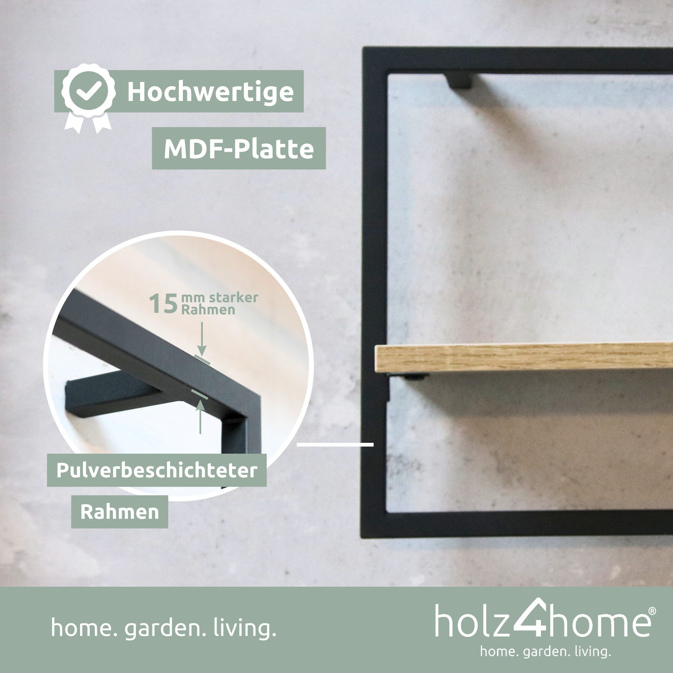 holz4home® Wandregal MDF Sonoma mit Metallrahmen Schwarz I Schweberegal Ind günstig online kaufen