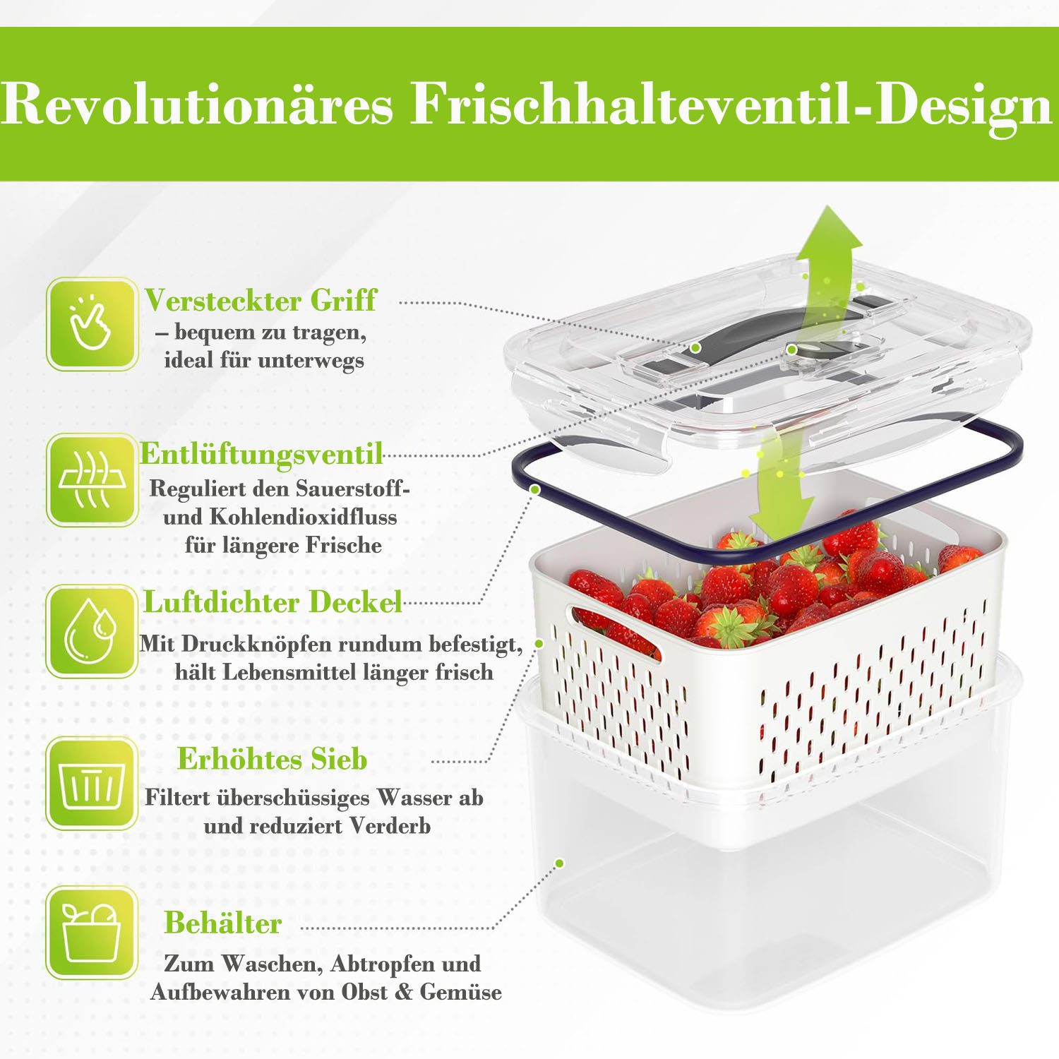 SURFOU Frischhaltedose Kühlschrank Organizer - 8-tlg. Frischhaltedosen Set mit Abtropfgitter, PP, (BPA-freie, Frischhaltedosen, Kartoffel Aufbewahrungsbox, Gemüsebox, Kühlschrank Boxen, Korbeinsatz, Vorratsdosen Set mit Abtropfgitter – abnehmbar & separat nutzbar, Deckel mit Luftablassventil & Griff, 4-tlg., Spülmaschinengeeignet, Kratzfeste Dicke PP-Material, BPA-Frei), (4,15L+3,15L+1,7L+0,8L) für Obst Gemüse Aufbewahrung und Reinigung