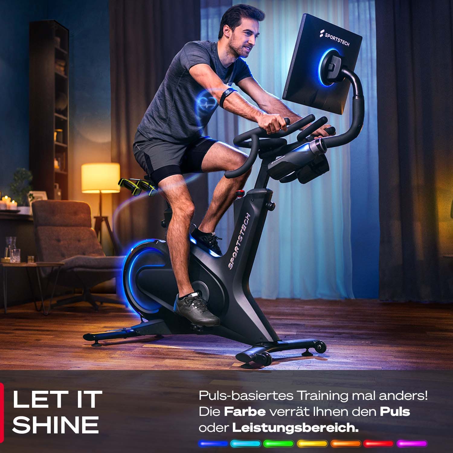 Sportstech Speedbike sBike, Transportrollen Flaschnehalter Touch-Display