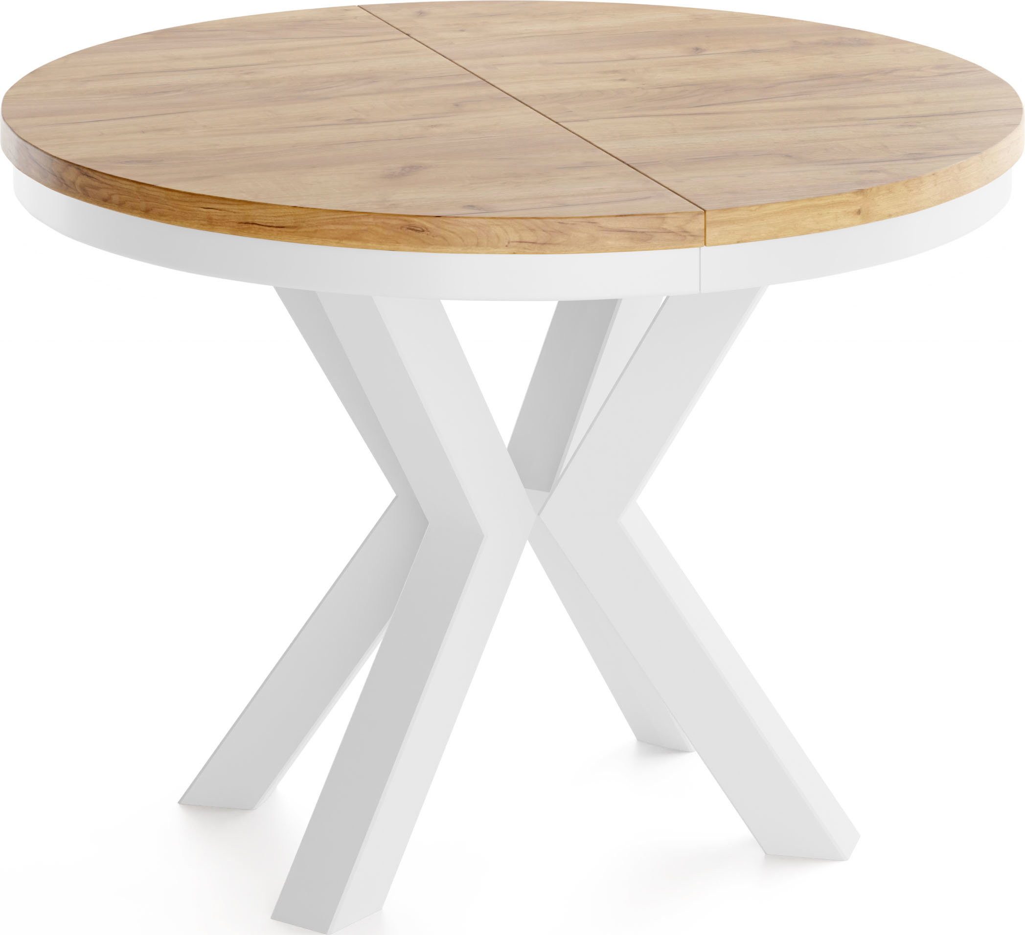 WFL GROUP Esstisch Clara White im Loft-Stil rund ausziehbar mit weißen Metallbeinen (MADE IN EU, erhältlich in zwei Größen – 100/120 cm, ausziehbar auf 180/200 cm), platzsparender Industrial Tisch in Holzoptik für Wohnzimmer oder Küche