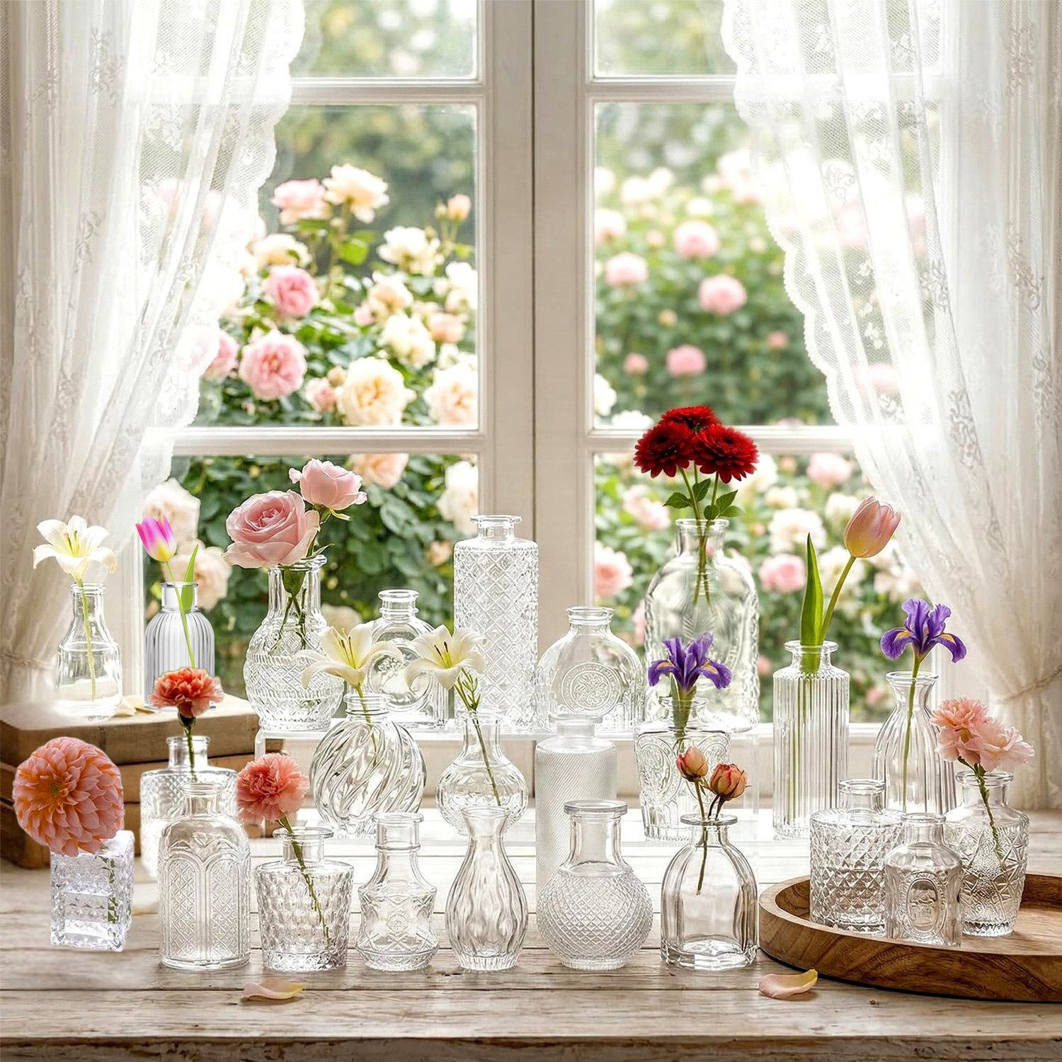devesanter Dekovase Set mit 24 Mini-Glasvasen im Vintage-Stil (24 St), Retro Glasflaschen für Tischdekoration, Blumen und Diffusoren