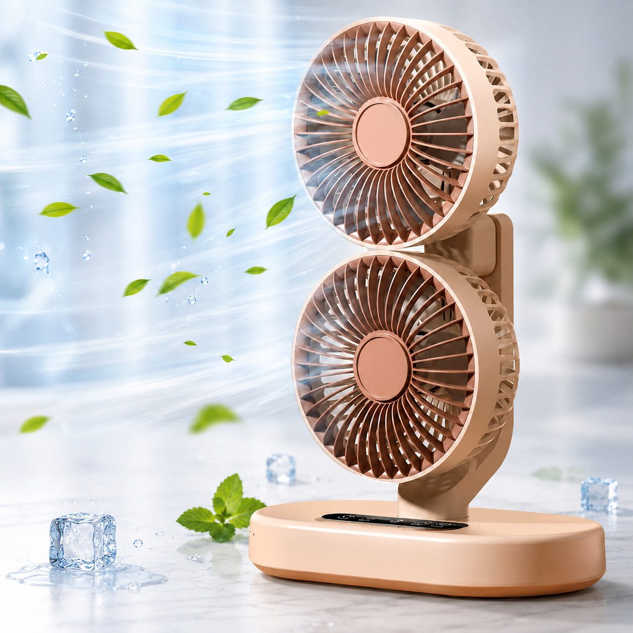 MOPUEA Standventilator 360° Drehbar Doppelkopf Luftzirkulationsventilator 6 Stufen, USB Tischventilator für Schlafzimmer Büro Schreibtisch