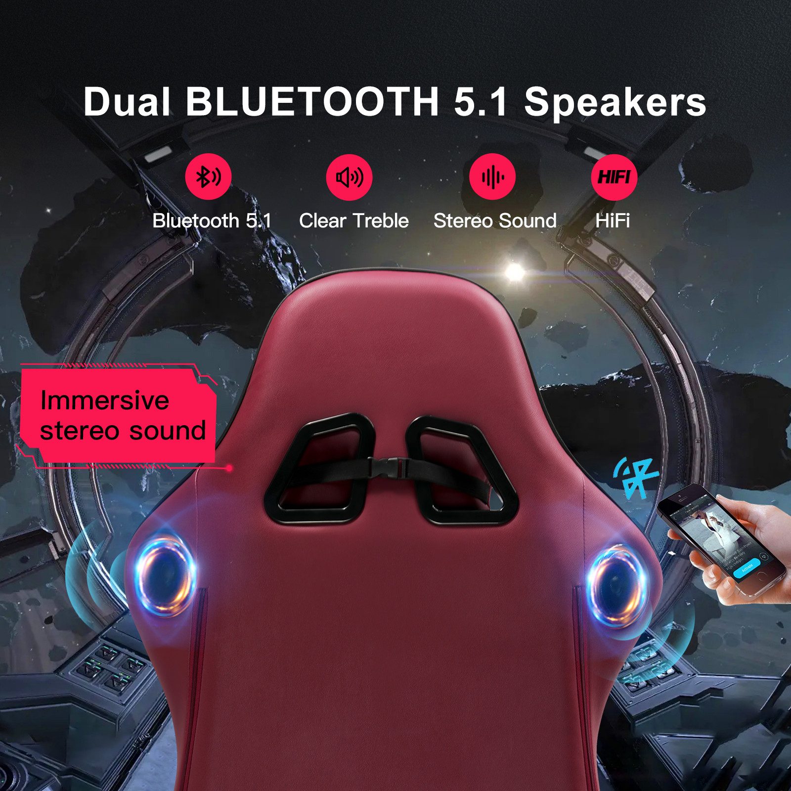 GTPLAYER Gaming-Stuhl ergonomischer Bürostuhl mit HIFI Stereo Lautsprecher, Verbindungsarmlehen beeindrukende Klang-atmosphäre – Bild 2 von 5