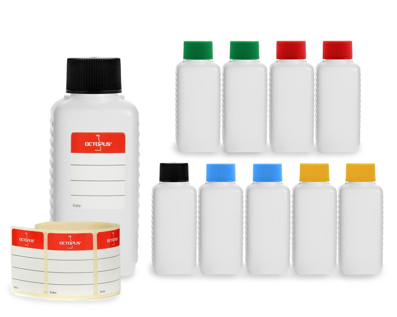 OCTOPUS Kanister 10 Plastikflaschen 100 ml mit je zwei Deckeln in schwarz, blau, rot, (10 St) | Kanister