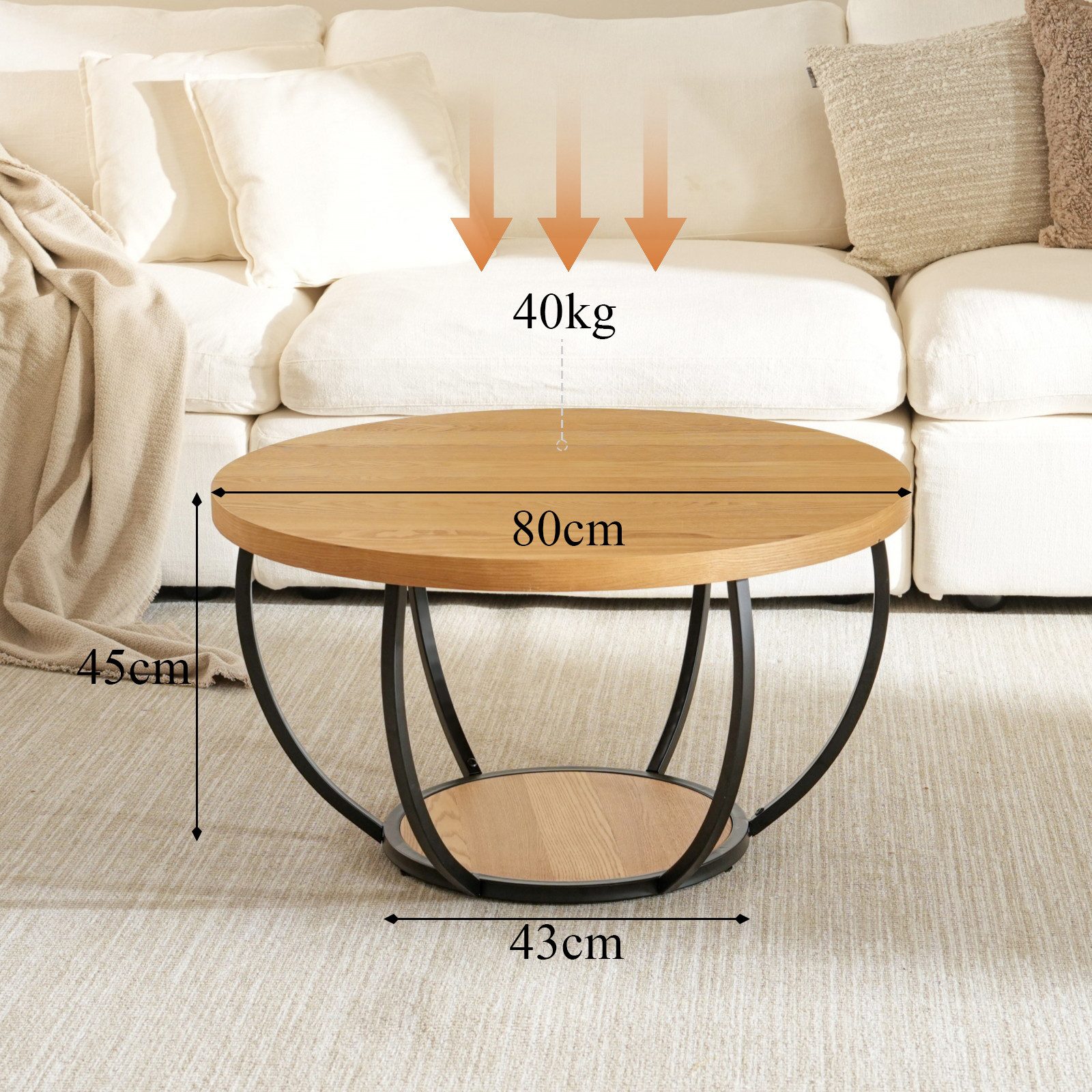 Cagnolier Couchtisch runder Couchtisch Ø80 cm mit Stauraum, 2 Ebenen (1-St), Wohnzimmertisch aus Holz für Sofa, modern & schlicht in Natur – Bild 2 von 5