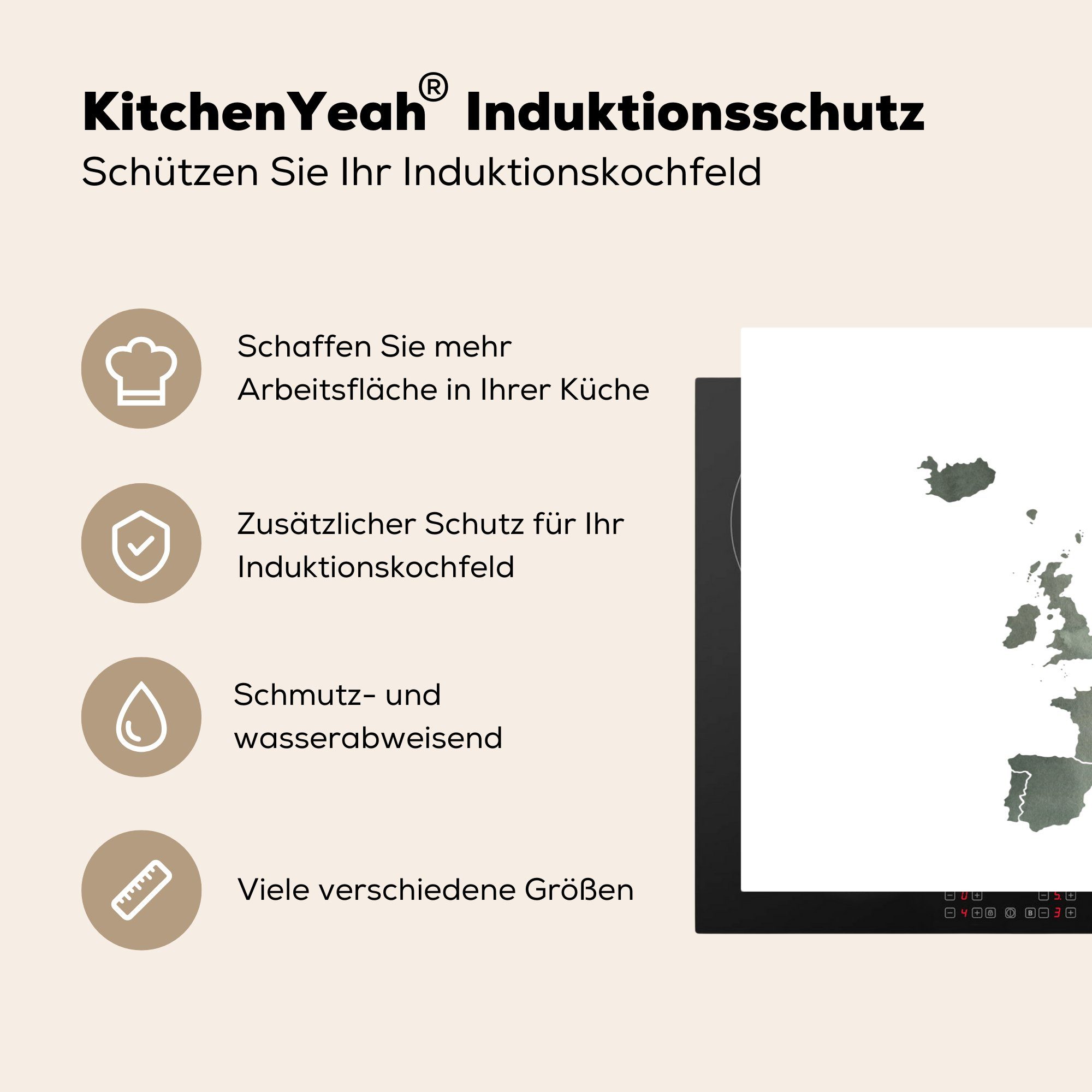 Herdblende-/Abdeckplatte küche, Schutz Karte MuchoWow Grau, für Aquarell Ceranfeldabdeckung die 81x52 tlg), (1 von - cm, - Induktionskochfeld Vinyl, Europa