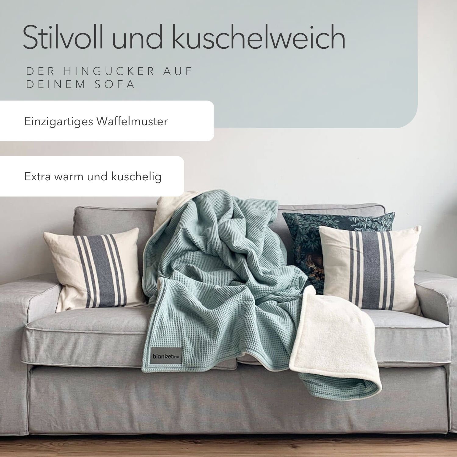 Wohndecke flauschige Kuscheldecke, wärmende Couchdecke, blanketino, Stilvolle Sofadecke, Überdecke in Minzgrün & Sandweiß