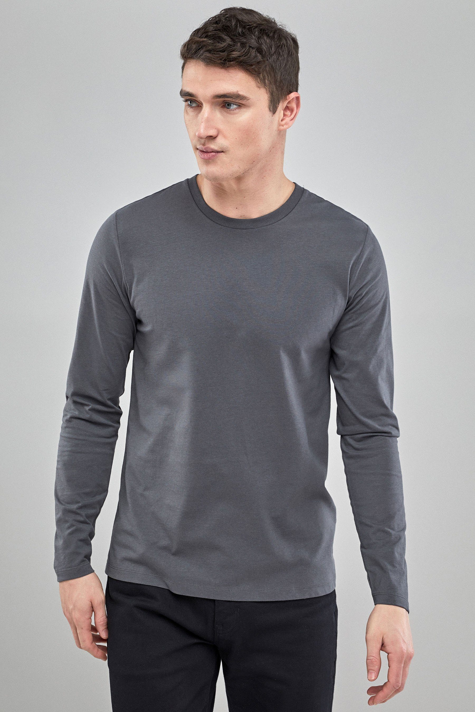 Next Langarmshirt Rundhalsshirt – Regular Fit (1-tlg) Charcoal Grey