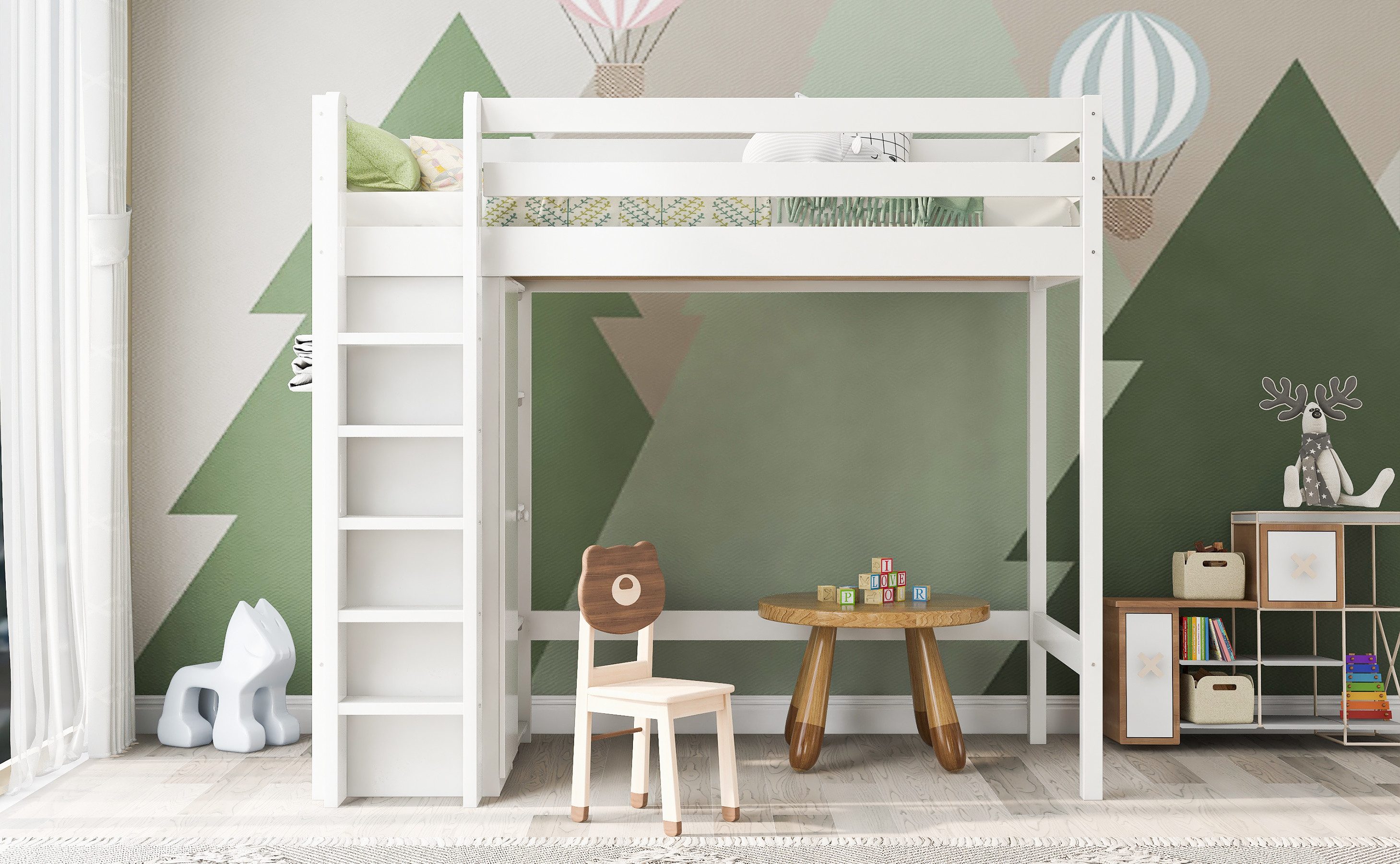 MODFU Kinderbett Hochbett mit Kleiderschrank und 6 Regalen (90x200 cm -208x110x186(BxTxH)Weiß)