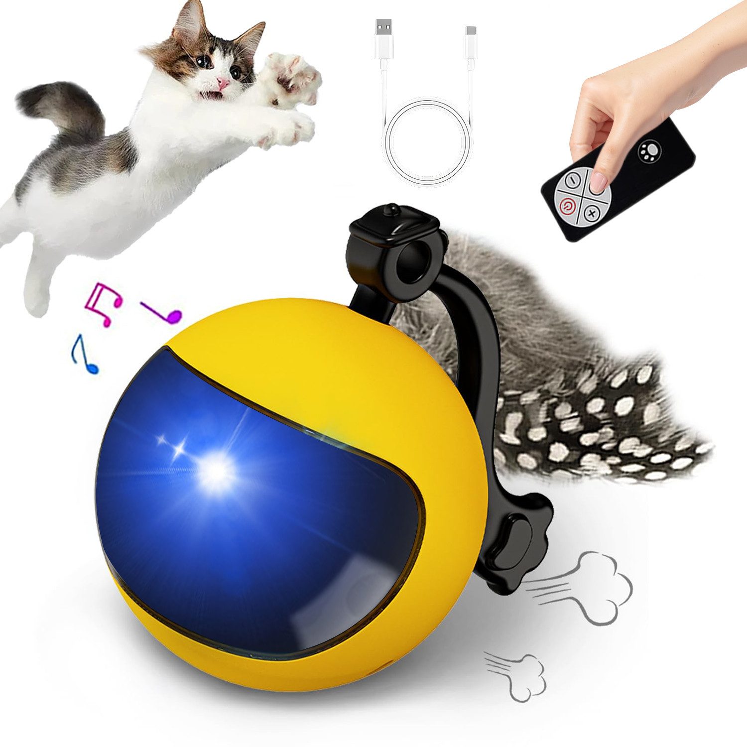 MOPUEA Tier-Intelligenzspielzeug Katzenball Interaktives Katzenspielzeug Ball mit Fernbedienung und LED, 7.7×5.3×6.5cm, mit Federschwanz und Glocke, LED-Lichter in vier Farben (1-tlg) In zwei Farben erhältlich: gelb, blau, perfekt für den Innenbereich von MOPUEA